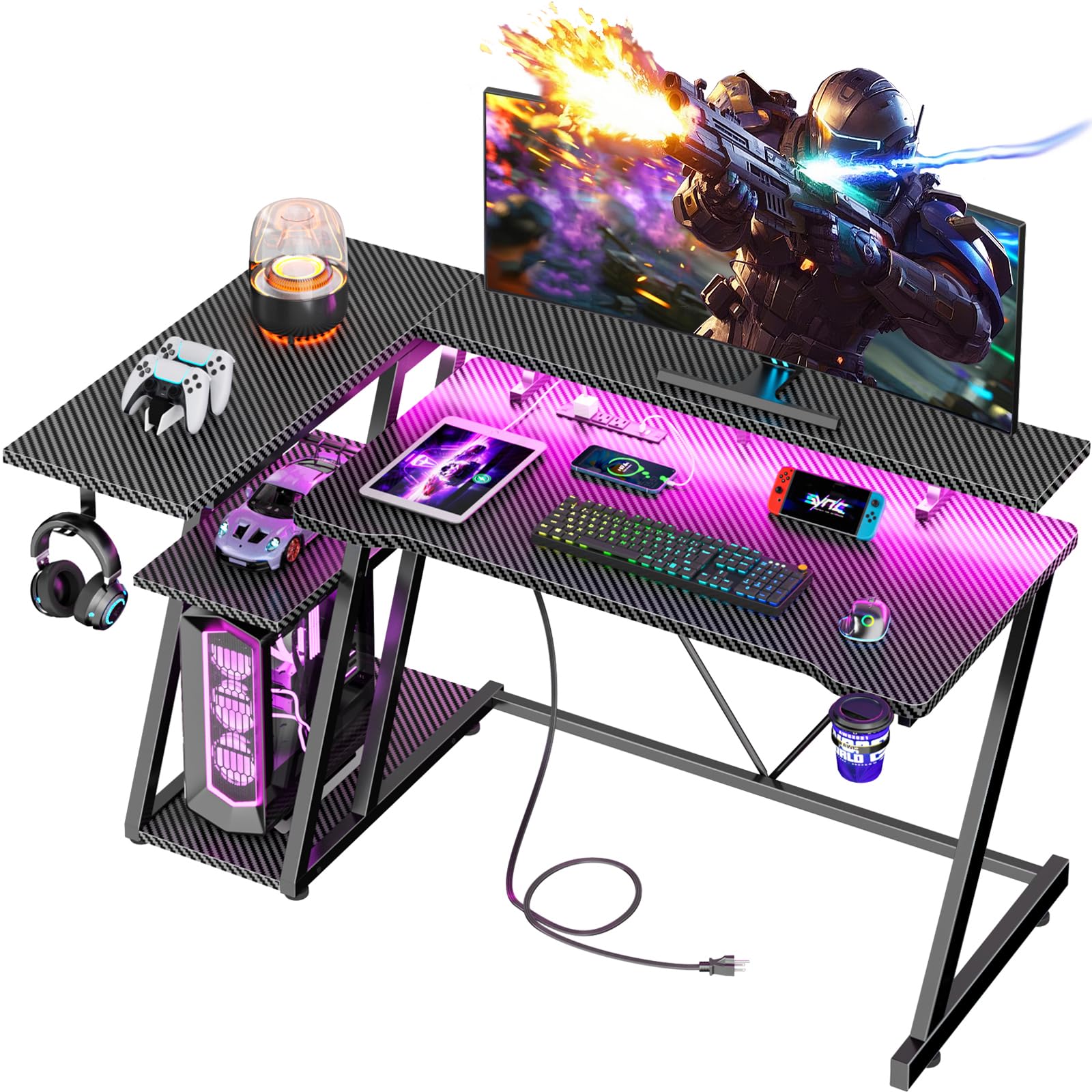 47 Inch Gaming Desk with Power Outlet & LED Lights - Ergonomic Corner Computer Desk with 3-Tier Storage Shelves & Monitor Stand - Carbon Fiber Black Home Office Desk for Small Spaces | Perfect for Gaming Setup, Workstation & Compact Home Offices
