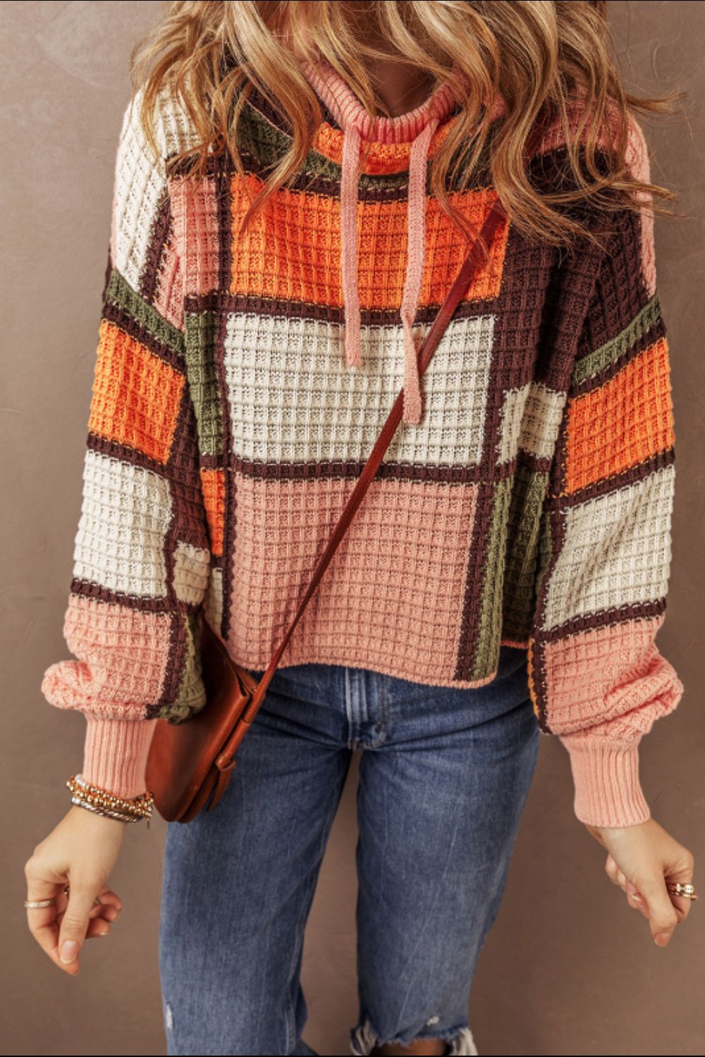 Stylish Drawstring Color Block Mock Neck Sweater for Women | Trendy Pullover with Adjustable Neckline | Perfect for Casual Outings, Office Wear & Fall Layering
