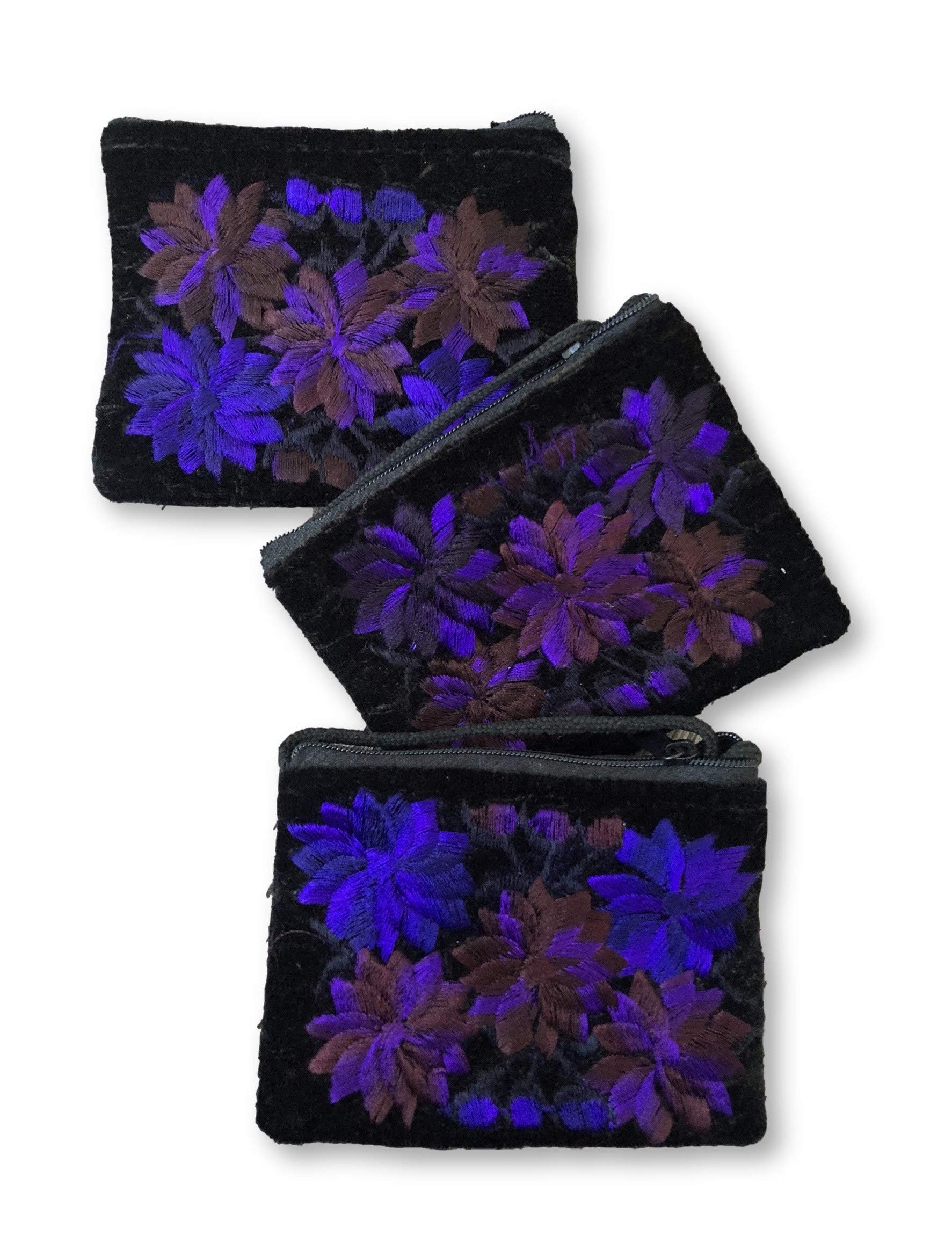 Small Girls Coin Purse Set of 3 - Crossbody Bag with Purple Embroidered Flowers, Native Guatemalan Handmade Velveteen Purses (Patterns May Vary) - Perfect for Birthday Party Favors, School Accessories & Everyday Use