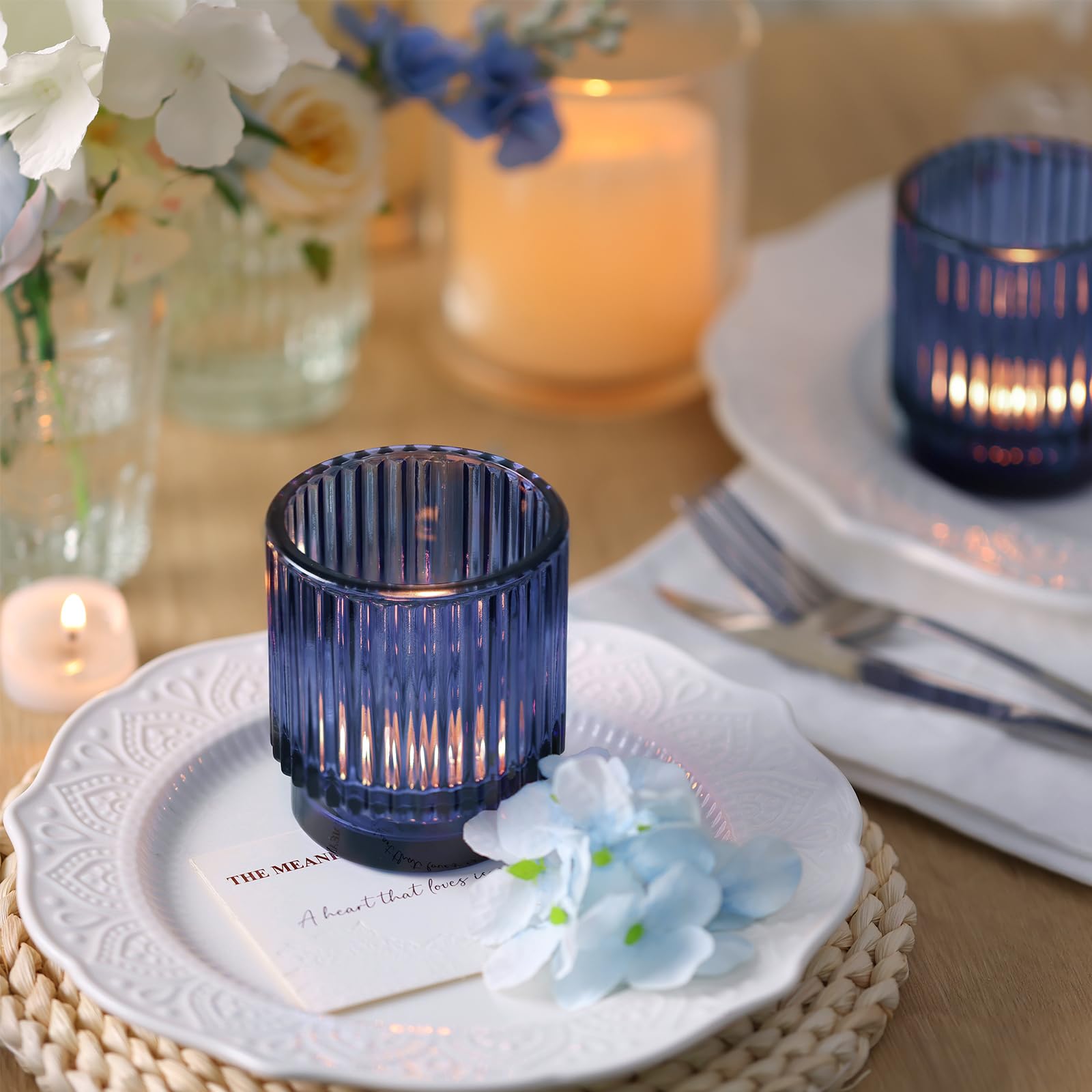 8-Piece Blue Glass Votive Candle Holders Set - Ribbed Tealight Holders for Wedding Centerpieces & Table Decorations, Navy Blue Party Decor, Perfect for Weddings, Dinner Parties, and Romantic Home Ambiance