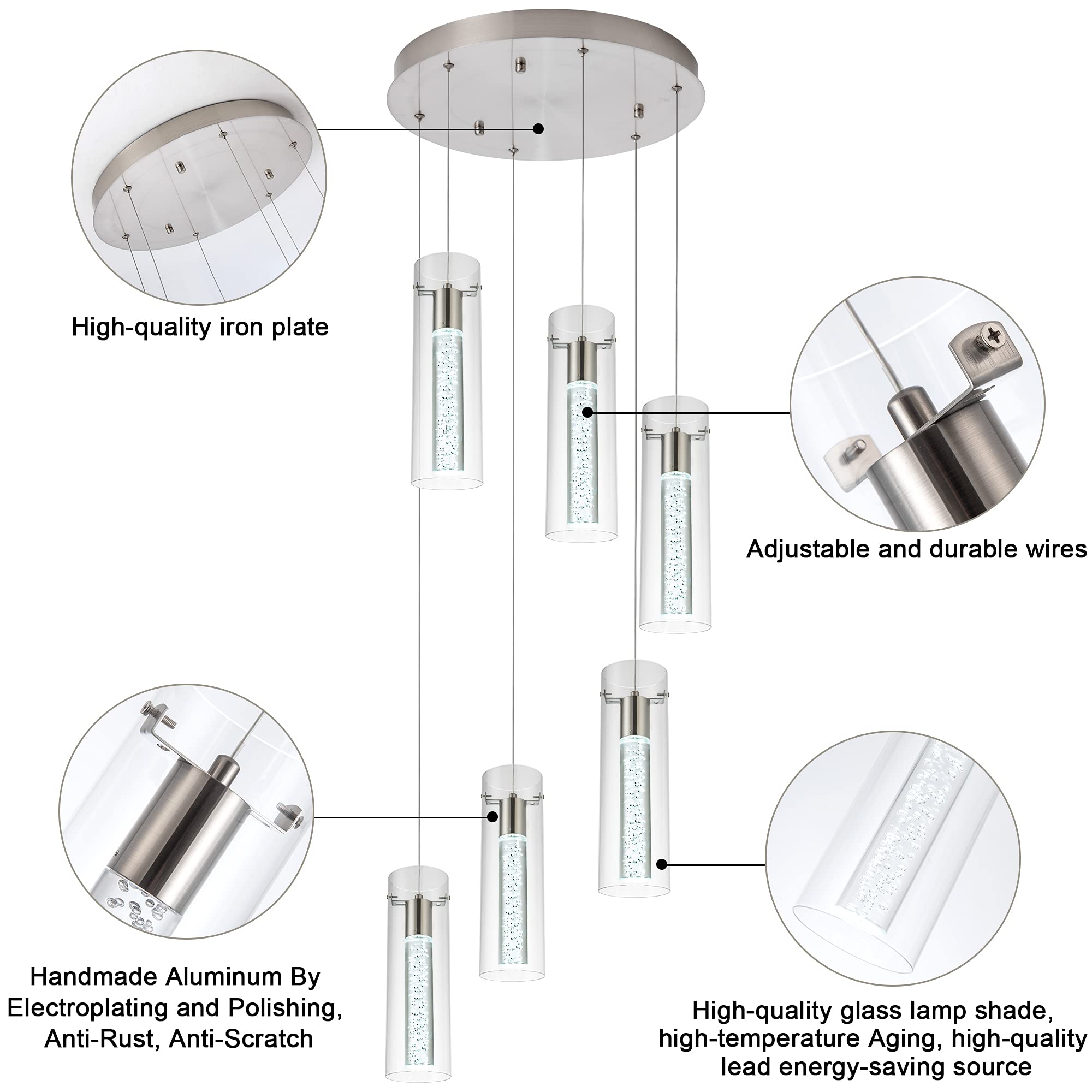 Modern Crystal Bubble Glass Pendant Lights - 6-Light Dimmable LED Kitchen Island Lighting Fixture (48W) for Dining Room, Restaurant & Home Decor - Elegant Ceiling Hanging Lights for Modern Interiors