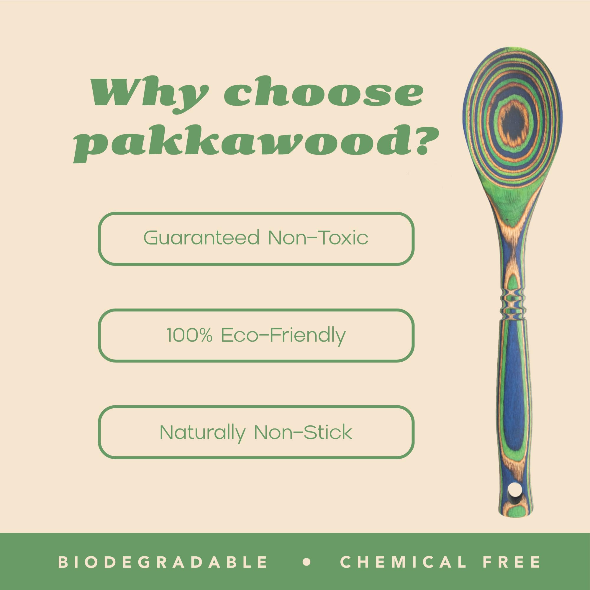 Pakkawood Spoon 12 Inch - Colorful Wooden Utensils for Cooking & Serving Pasta