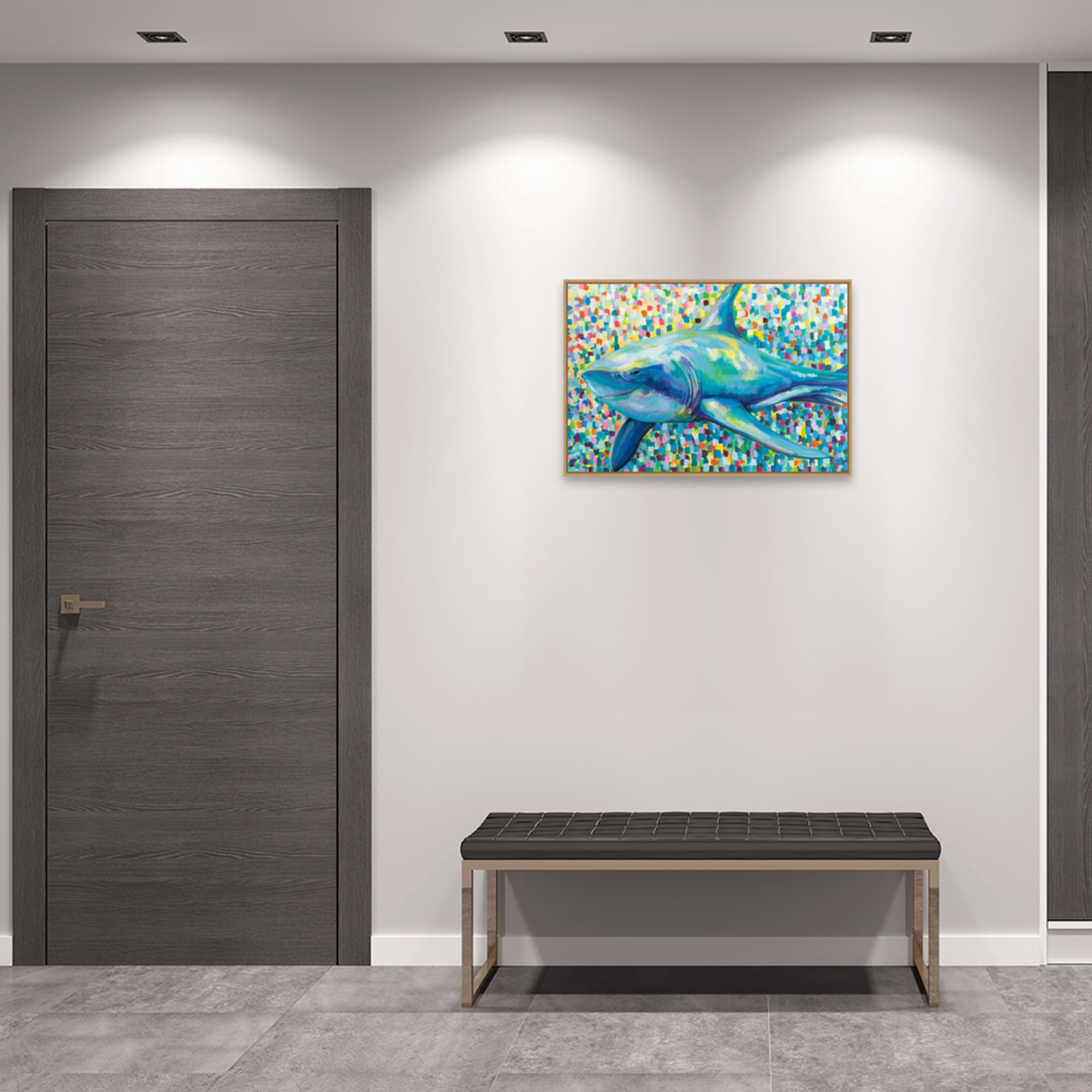 Amanti Art Framed Canvas Wall Art - 23x33 Chatham Shark by Jeanette Vertentes - Ocean Animal Painting for Modern Home Decor - Perfect for Living Room, Bedroom, Bathroom & Kitchen - Large Framed Poster Art for Coastal & Nautical Theme Interiors