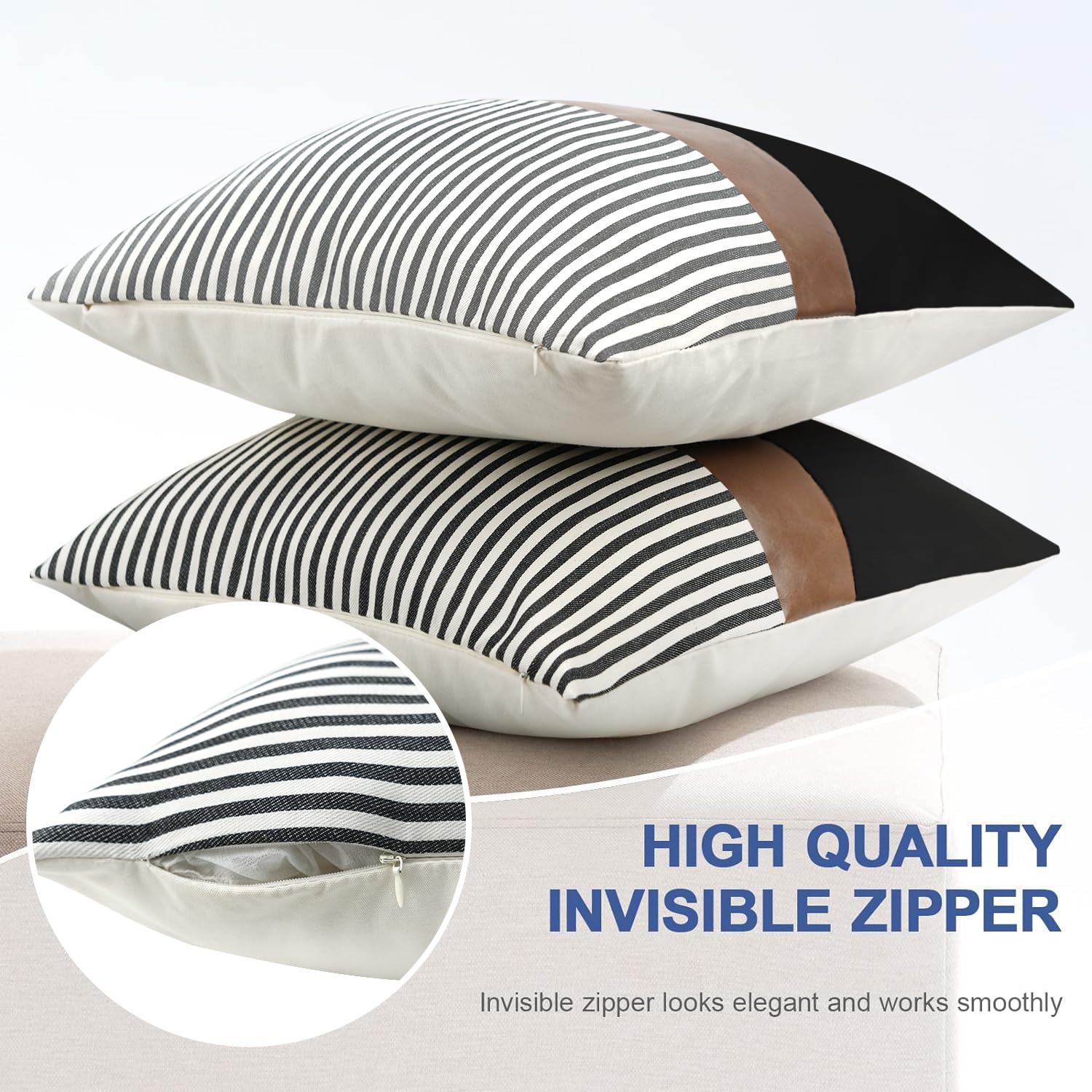 Premium 22x22 Inch Linen Pillow Covers Set of 2 - Farmhouse Stripe Patchwork Design with Faux Leather Accents - Navy Blue Decorative Throw Pillow Covers for Sofa, Couch & Bed - Perfect for Living Room, Bedroom & Home Decor
