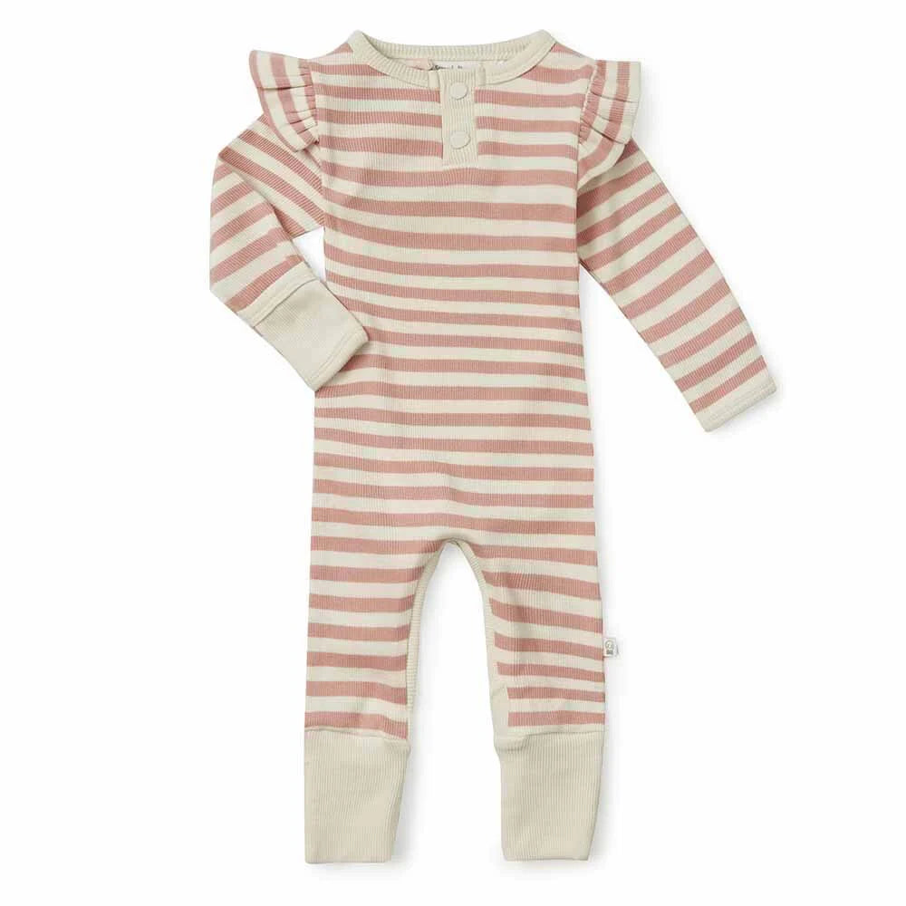 Organic Ribbed Baby Growsuit - Snuggle Hunny Rose Stripe - Soft Cotton Infant Romper for Newborns & Toddlers - Perfect for Playtime, Naptime & Photo Shoots
