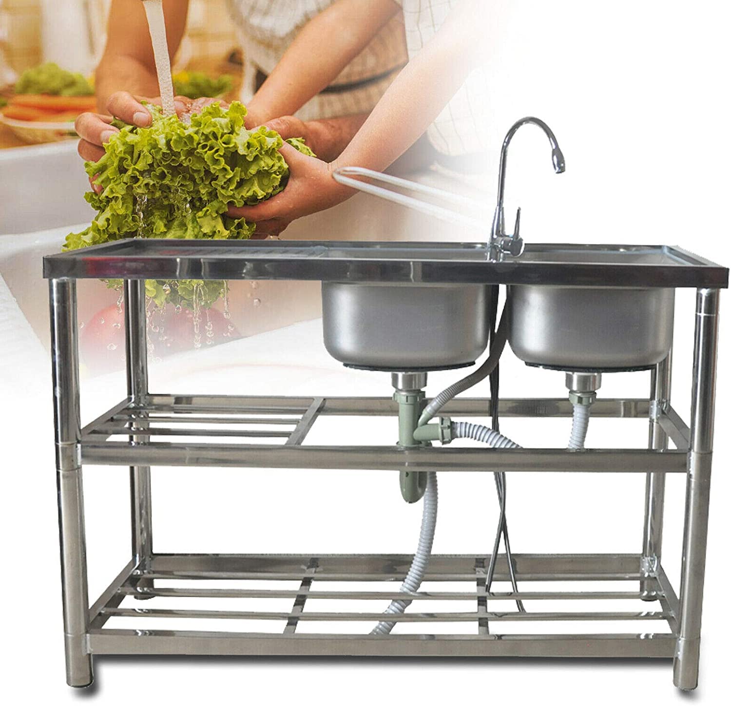 Commercial Stainless Steel Utility Sink - 304 Grade Double Bowl Restaurant Kitchen Sink with Strainer | Heavy-Duty Free-Standing Design for Commercial Kitchens, Food Prep Areas & High-Traffic Restaurants