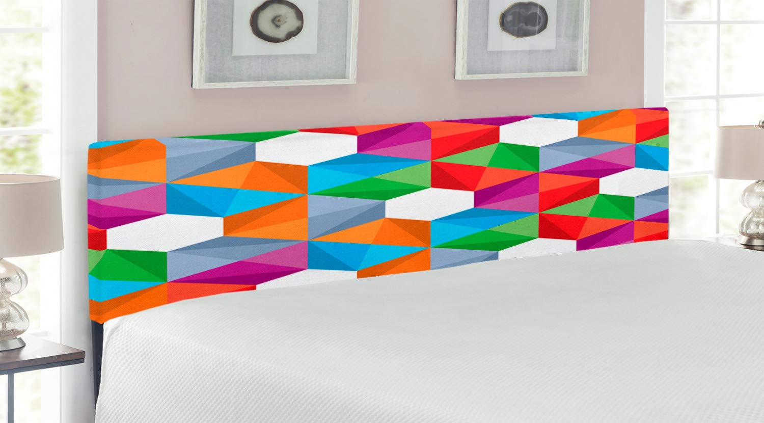 Ambesonne Geometric King Size Headboard - Colorful Retro Triangle & Polygonal Mosaic Pattern Upholstered Metal Bed Frame with Memory Foam | Modern Bedroom Decor for Master & Guest Rooms