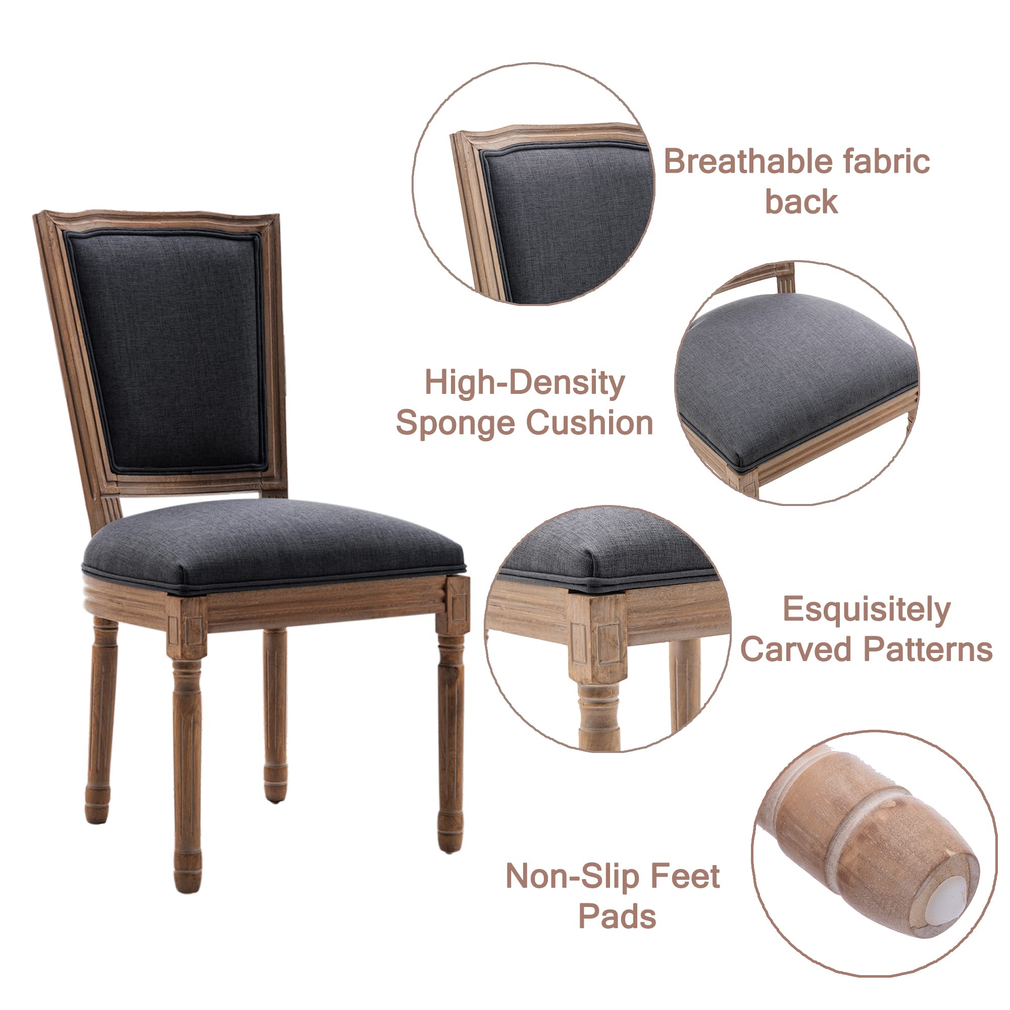 Nrizc Farmhouse Dining Chairs Set of 4 - French Countryside Square Back Bistro Chairs with Brown Wood Legs in Dark Grey | Perfect for Dining Room, Kitchen, Living Room & Restaurant Decor