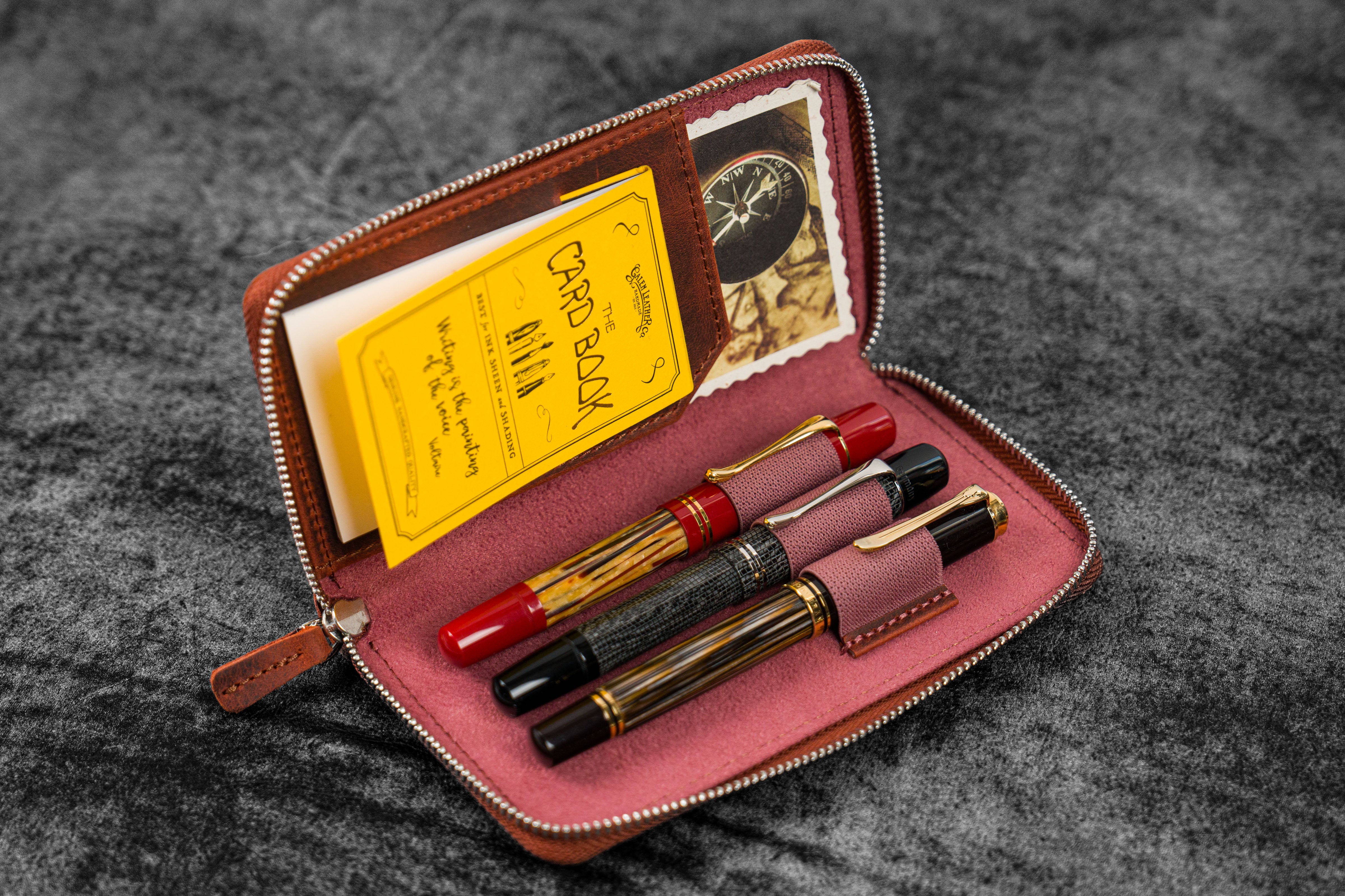 Premium Leather Zippered 3-Slot Pen Case - Crazy Horse Orange - Perfect for Office, School & Travel Organization