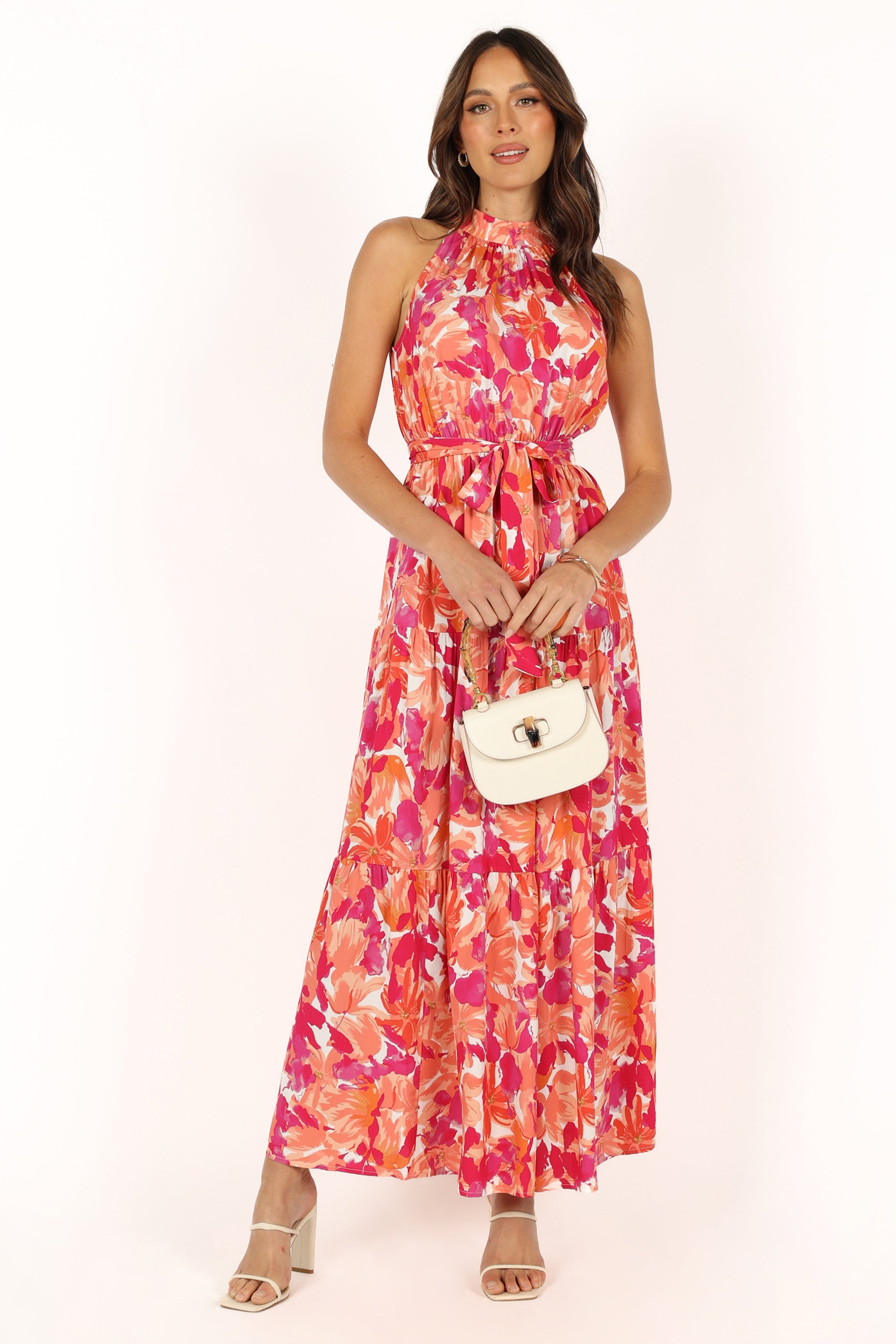 Caroline Maxi Halter Dress for Women - Flowy Summer Sundress in Red Orange | Beach Wedding, Vacation, Party Outfit