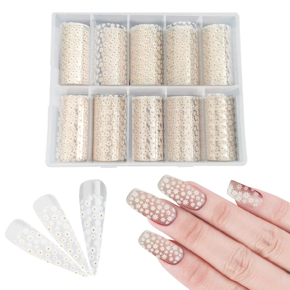 10 Roll Floral Nail Foils - Daisy & Starry Sky Nail Art Transfer Stickers for DIY Manicure - Summer Nail Decals & Decorations - Perfect for Home Salon, Parties, and Holiday Nail Designs