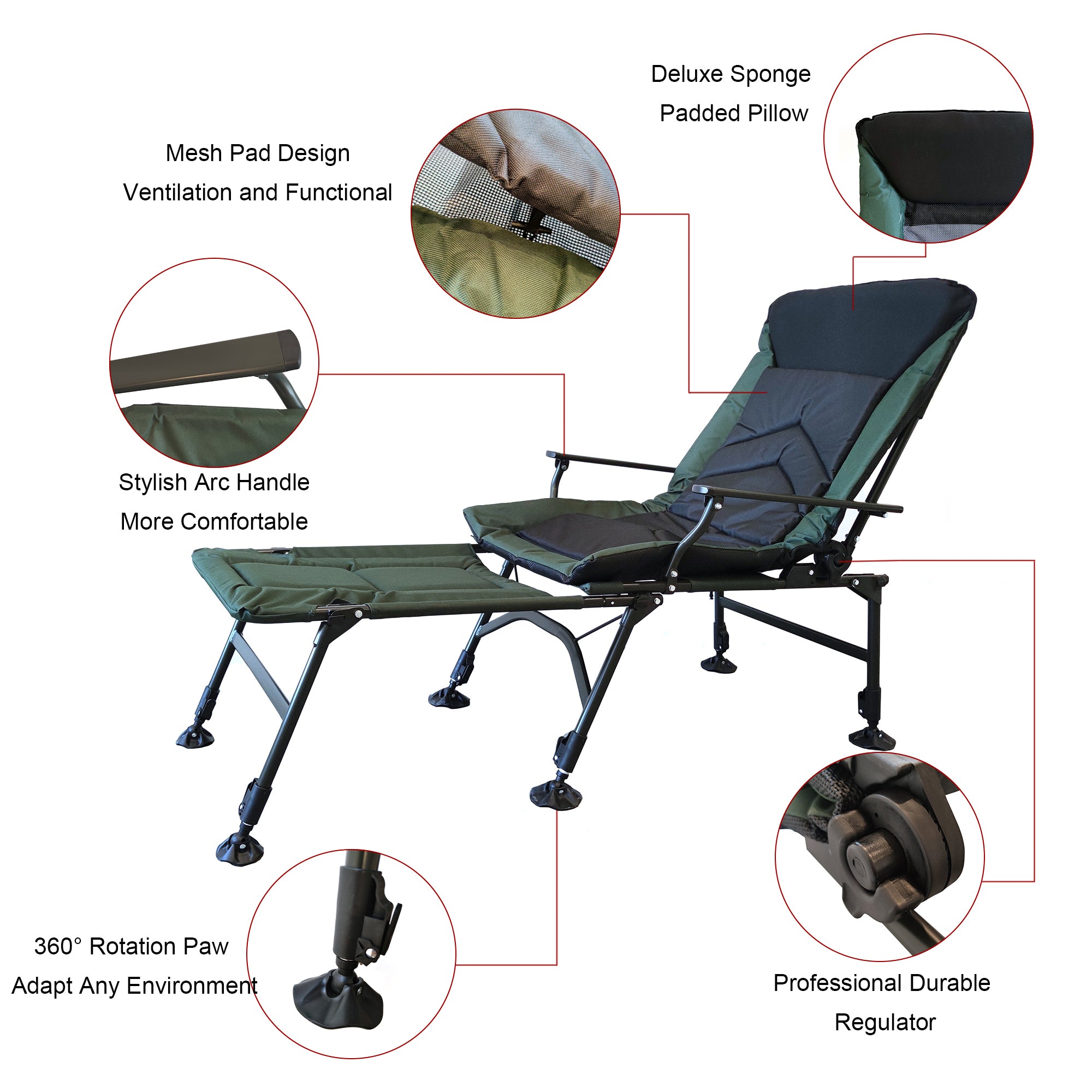 Portable Folding Reclining Camping Chair with Detachable Footrest & Adjustable Backrest - Lightweight Outdoor Lounge Chair for Camping, Beach, Hiking, Fishing (Green & Black) - Perfect for Backyard Relaxation, Picnics and Tailgating