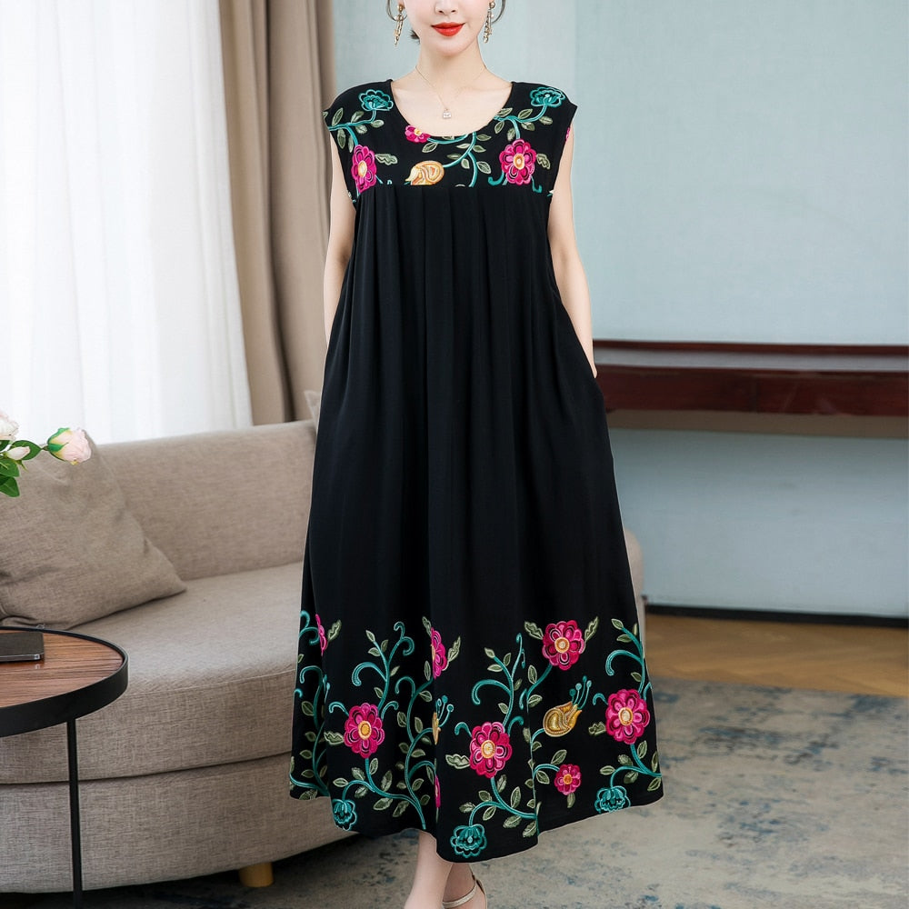 Women's Casual Floral Embroidery Summer Dress - Boho Chic Maxi Dress for Beach, Vacation & Outdoor Parties