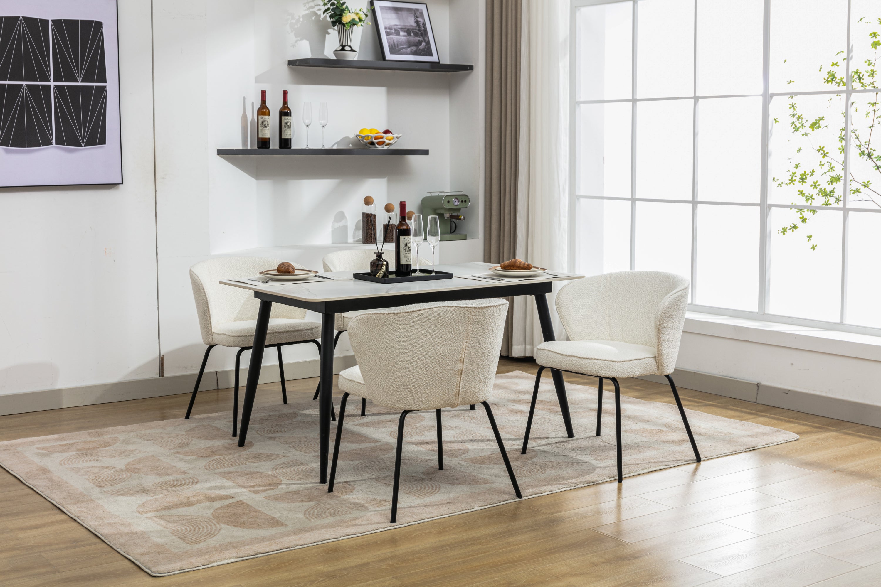 Set of 2 Modern Boucle Fabric Dining Chairs with Black Metal Legs in Ivory - Comfortable Upholstered Side Chairs for Kitchen, Dining Room, and Office Use