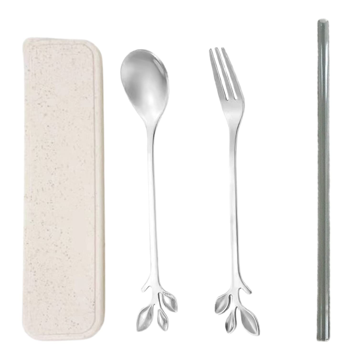 3-Pack Stainless Steel Reusable Straws with Coffee Spoon & Fork Set - Eco-Friendly Metal Drinking Straws, Stirring Spoons for Coffee, Tea, Desserts, Ice Cream, Cake Mixing - Perfect for Home, Office, Travel & Parties (Silver)