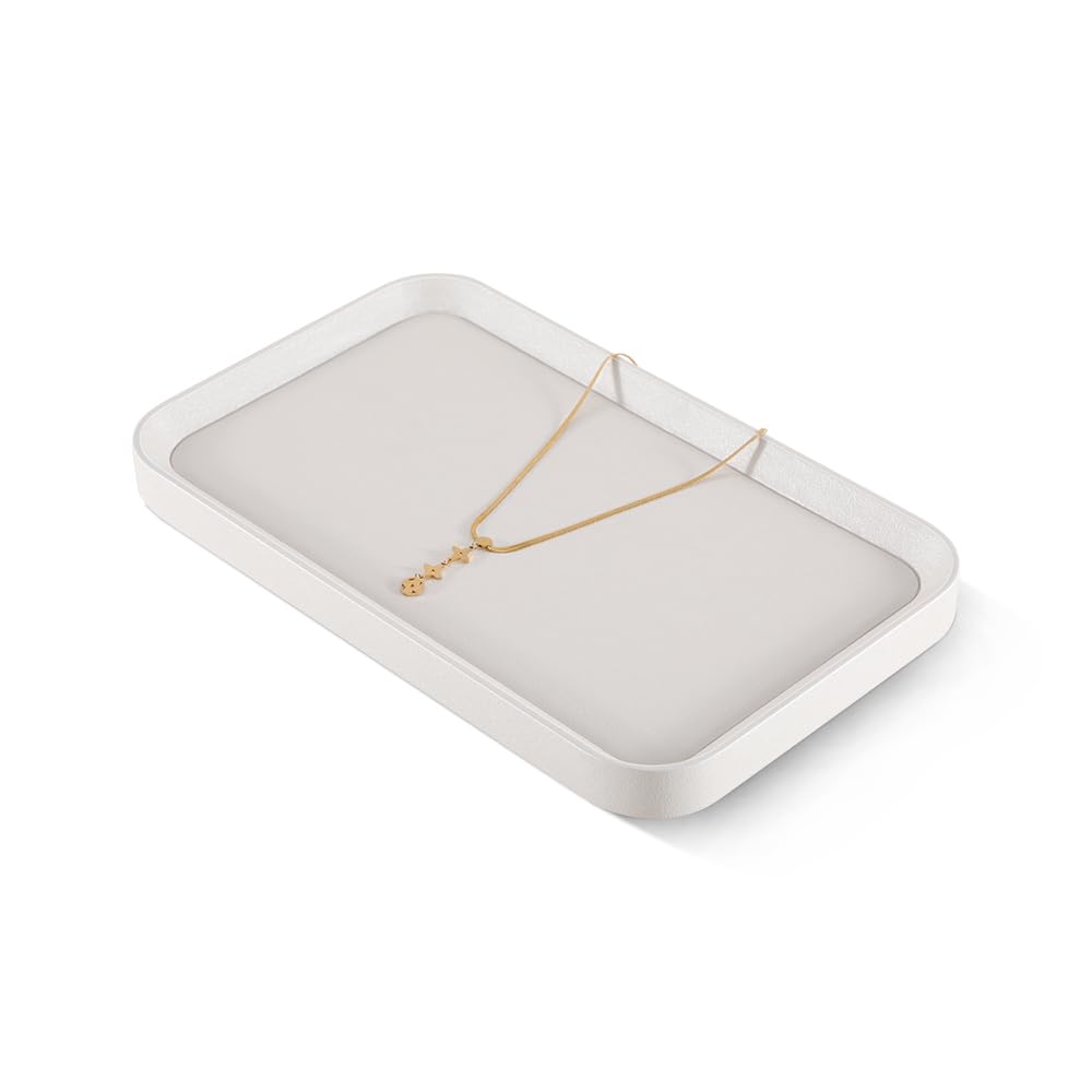 PU Leather Jewelry Display Tray - Gold Bangle & Pendant Storage Organizer for Earrings, Rings, Necklaces - Countertop Shop Holder Plate - Perfect for Retail Stores, Boutiques & Home Organization (White, Large)