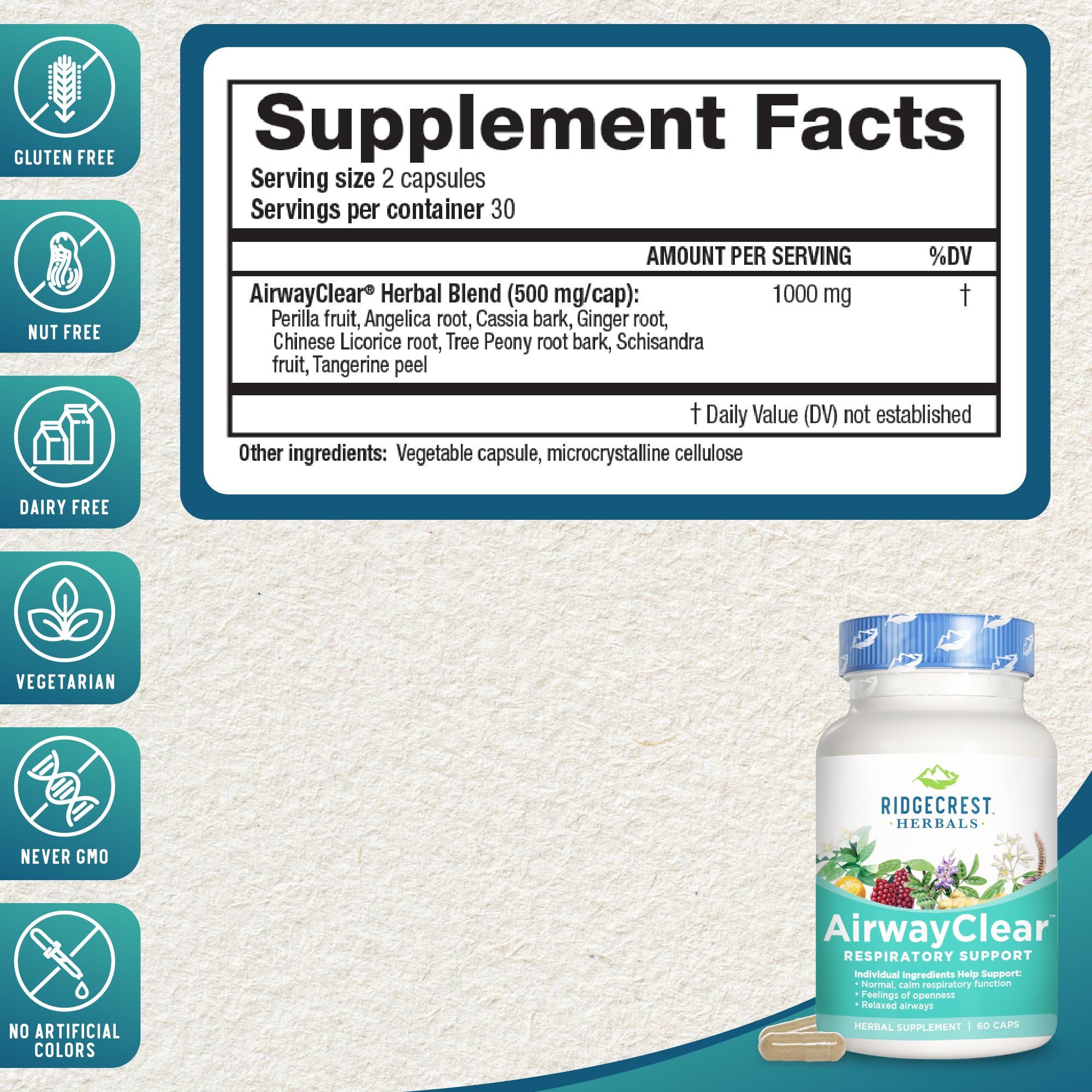Ridgecrest Herbals AirwayClear - Natural Lung Health & Breathing Support Supplement with Schisandra Fruit, Cassia Bark & Ginger Root - Sinus & Mucus Relief - Gluten Free Vegan Capsules (60 Count, 30 Servings) - Ideal for Respiratory Support, Allergy Season & Cold Weather Wellness