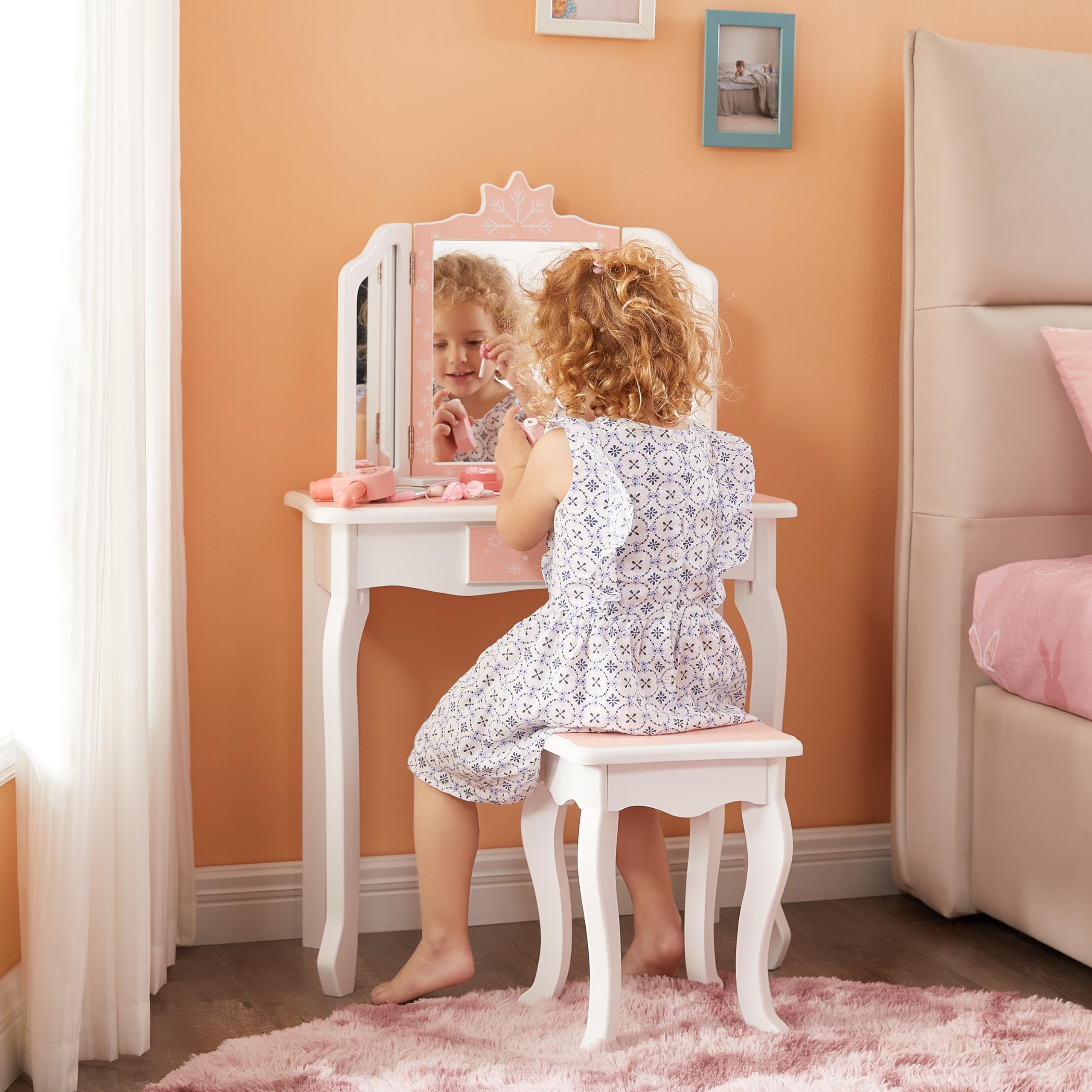 **Pink Kids Vanity Table & Stool Set for Girls Ages 3-8 - 2-in-1 Princess Makeup Dressing Table & Writing Desk with Detachable Tri-Folding Mirror & Drawer - Perfect for Playroom, Bedroom & Birthday Gifts**