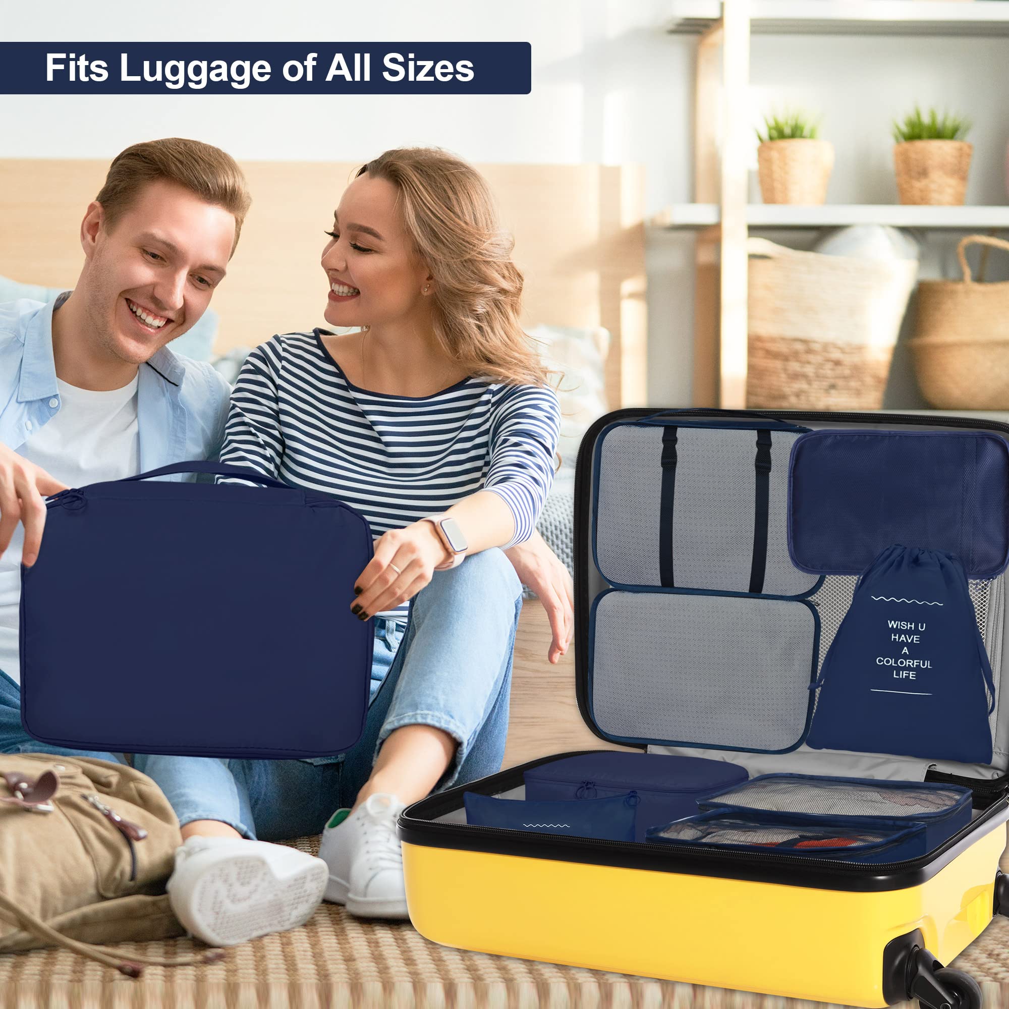 8-Piece Packing Cubes Set for Suitcases - Navy Blue Travel Luggage Organizer with Laundry Bag, Compression Storage & Shoe Bag - Perfect for Men & Women Travel Organization (Ideal for Business Trips, Vacations & Weekend Getaways)