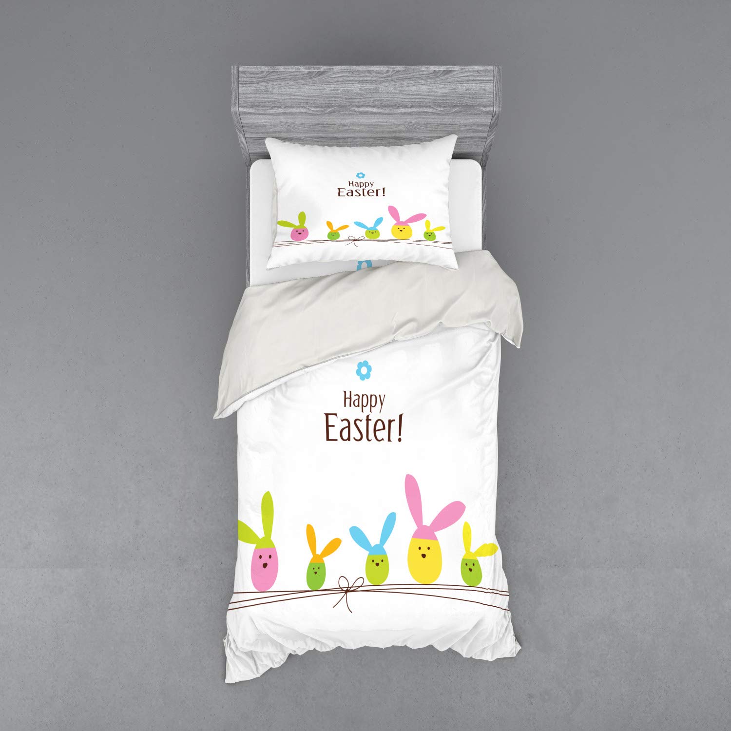 Ambesonne Easter Bedding Set - 3 Piece Duvet Cover with Sham & Fitted Sheet, Twin XL Size, Pastel Multicolor Cartoon Eggs & Bunny Design | Perfect for Spring Decor, Kids Room & Holiday Themed Bedrooms
