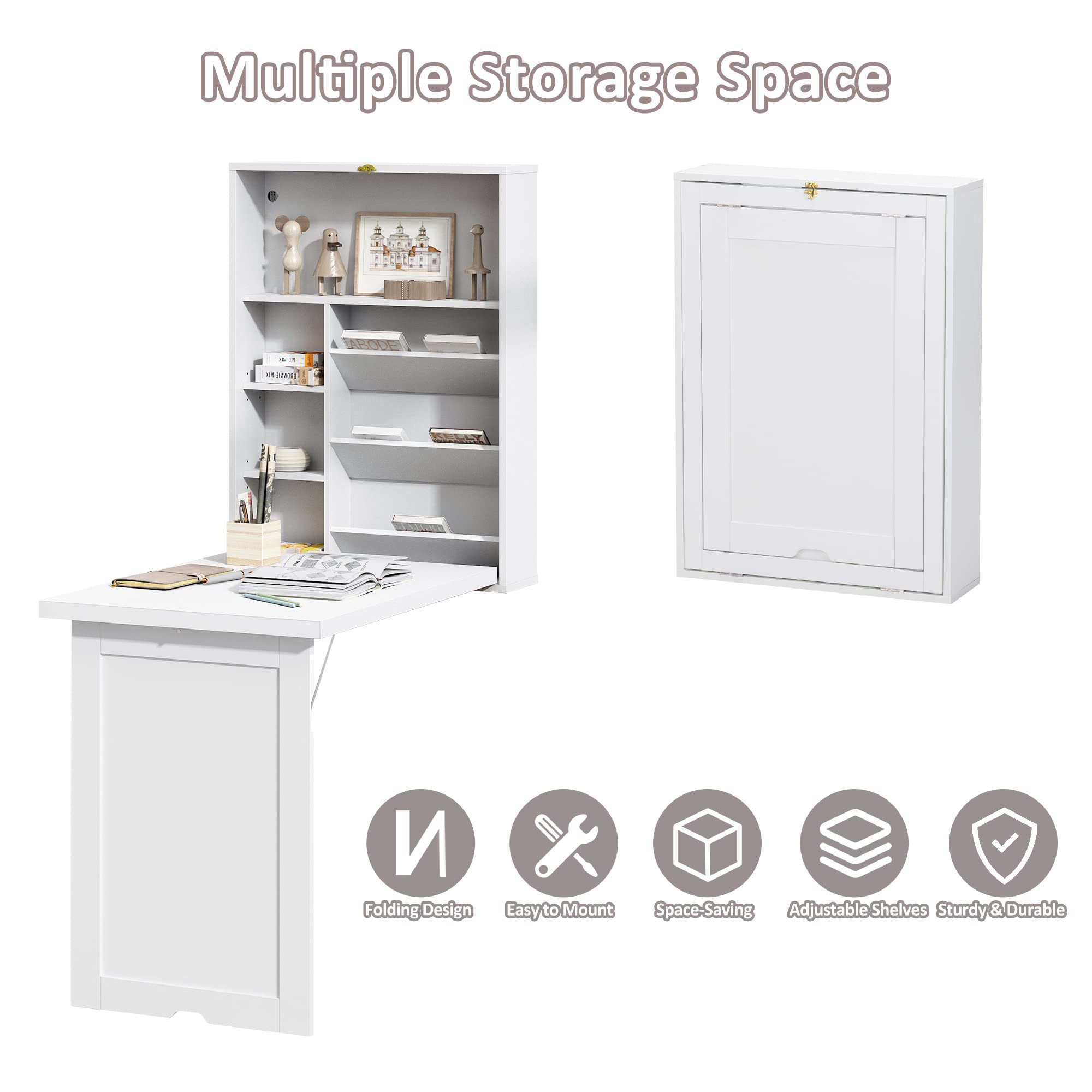 Space Saving Wall Mounted Fold Out Convertible Desk - White Floating Writing Desk with Storage Shelves | Home Office Laptop Workstation | Perfect for Small Spaces & Modern Workspaces