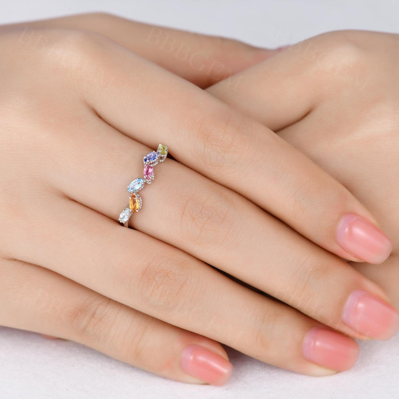 14K White Gold Rainbow Birthstone Stackable Ring - Multi Color Gemstone Band for Mom, Family, Gift | Perfect for Birthdays, Anniversaries, Mother's Day & Everyday Wear