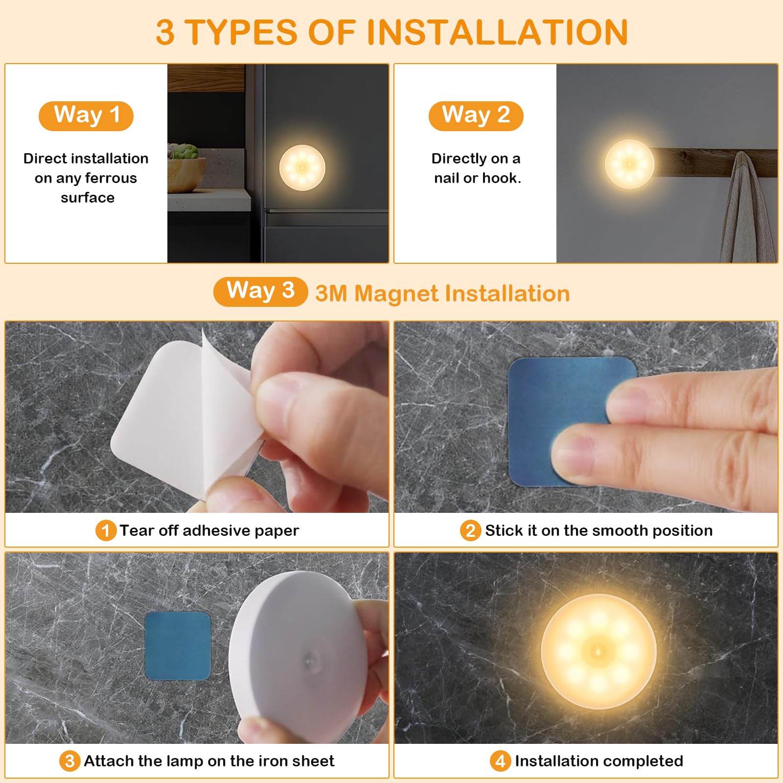 6 Pack Rechargeable LED Puck Lights with Motion Sensor - 1000mAh Battery Operated Tap Lights, Dimmable Push Lights for Closet, Under Cabinet, Stairs & Home Decor - USB Stick On Lights for Bedroom, Kitchen, Garage & Storage Spaces