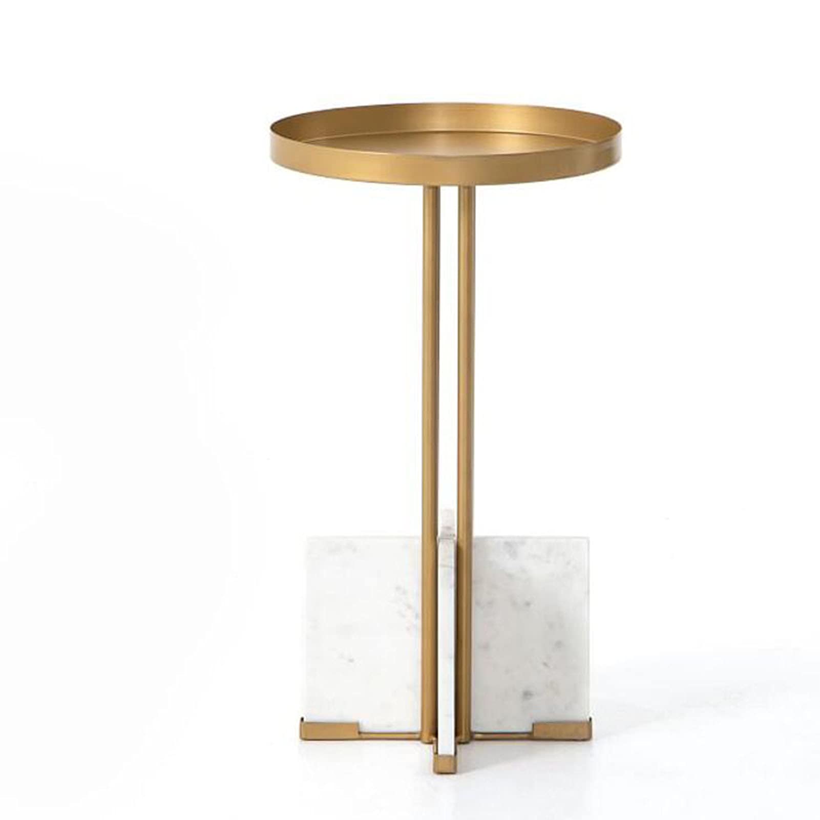 Round Metal Side Table with Marble Support - Waterproof & Rust-Resistant Accent Coffee Table for Living Room, Tray End Table for Sofa, Golden (15.74