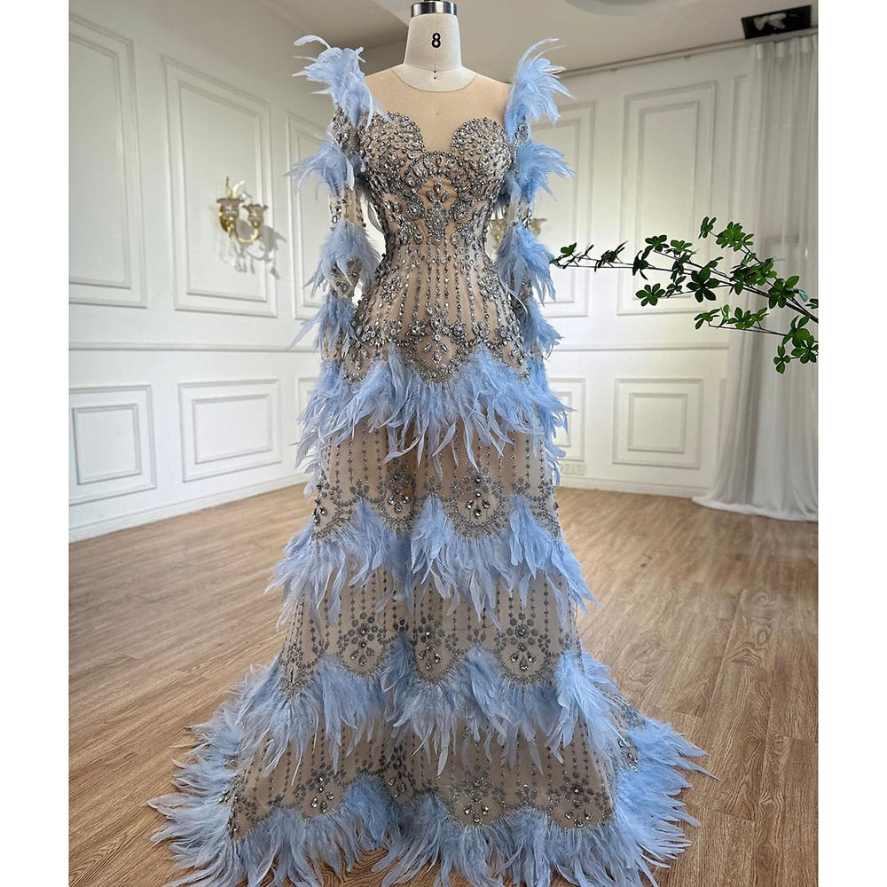 Serene Hill Blue Feathers Luxury Beaded A-Line Long Sleeve Elegant Evening Dress for Women - Formal Party Gown LA71816 | Perfect for Weddings, Galas & Special Occasions