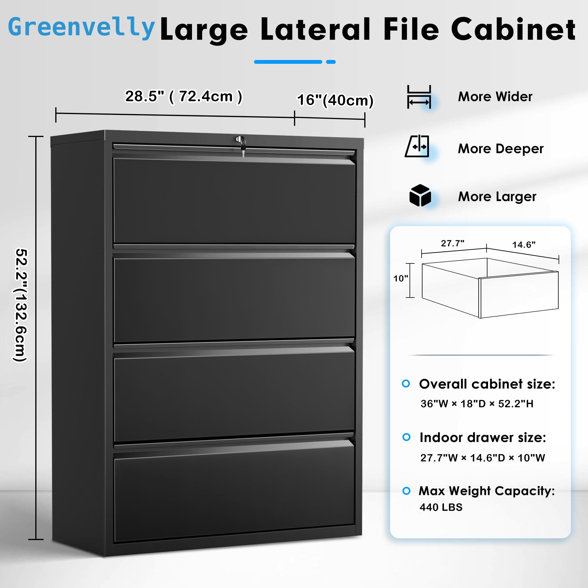 Greenvelly 4-Drawer Lockable Metal Filing Cabinet for Home Office - Black Letter/Legal/A4/F4 Size File Cabinet with Hanging Bars & Key - Perfect for Document Organization in Small Offices, Home Workspaces, and Professional Settings