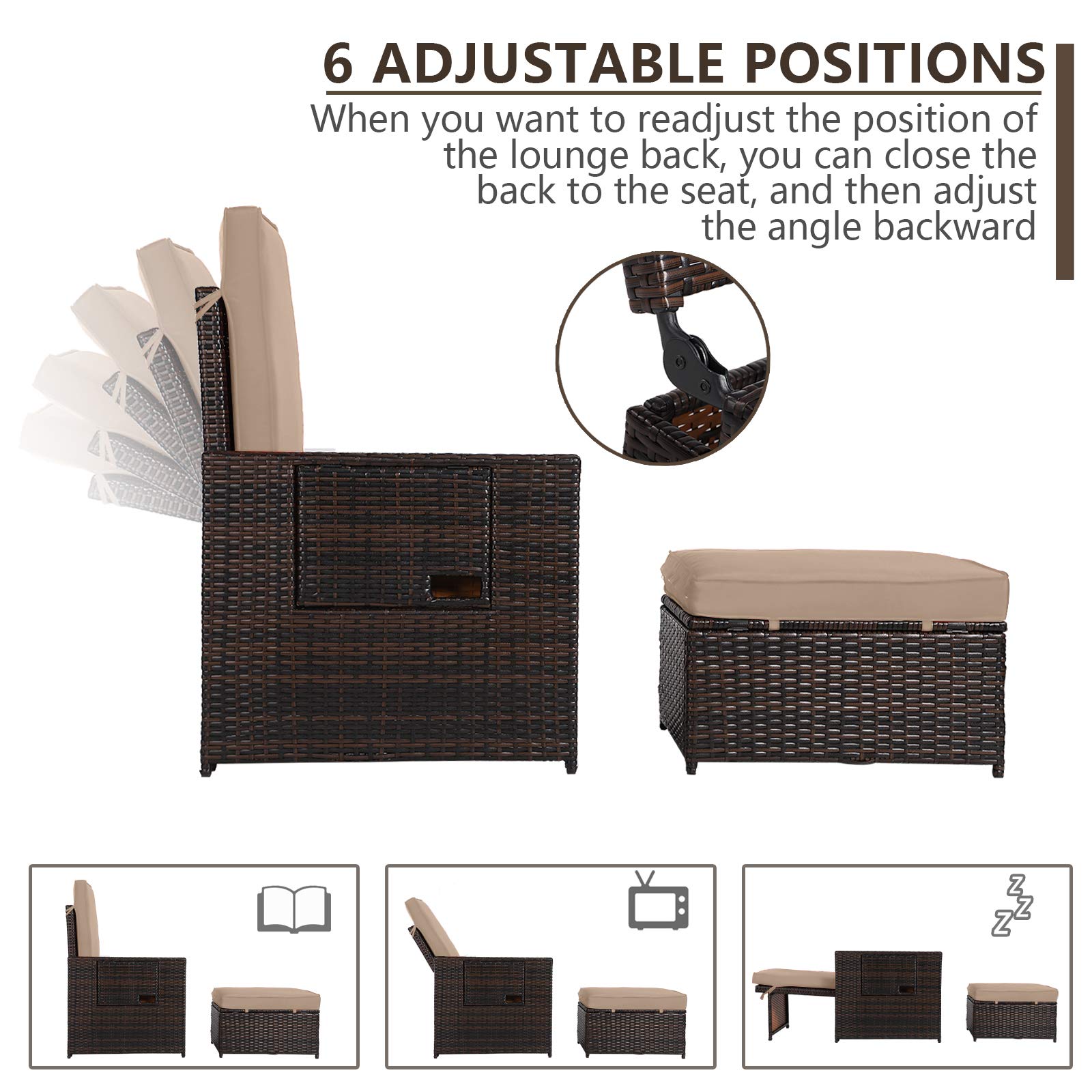 5PCS Outdoor Patio Furniture Set - Wicker Loveseat Sofa with Adjustable Backrest, Coffee Table & Ottoman - Rattan Lounge Chair for Garden, Beach, Poolside, Balcony, Backyard, Deck - Perfect for Relaxing, Entertaining & Outdoor Dining