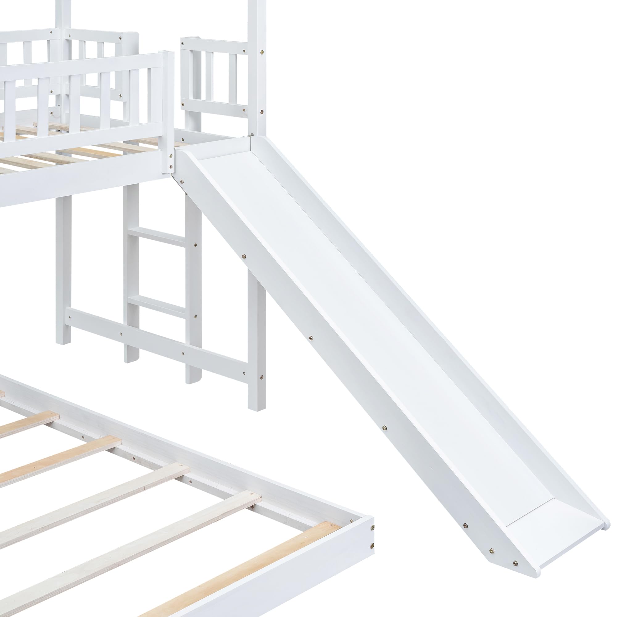 Wooden Twin Over Full Bunk Bed with Slide - Kids House Style Bunk Bed with Roof for Boys & Girls Bedroom - No Box Spring Needed - White - Perfect for Small Spaces & Sleepovers