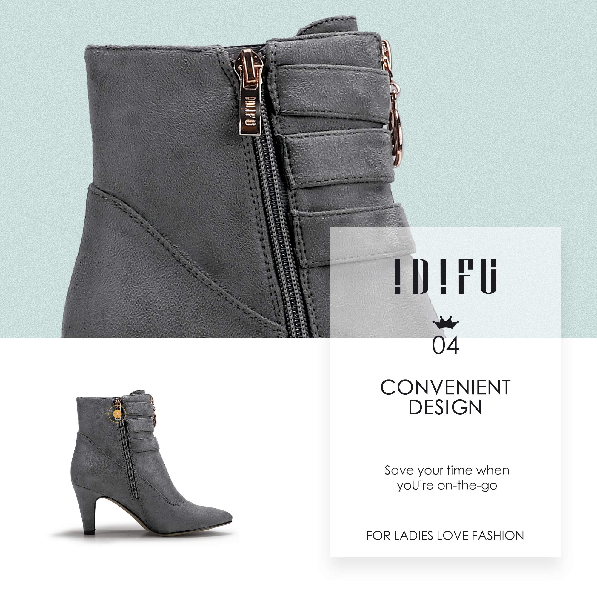 IDIFU Women's 3 Inch Heel Pointed Toe Ankle Boots with Buckle Strap & Side Zipper - Stylish Dress Boots for Work, Party & Jeans Outfits