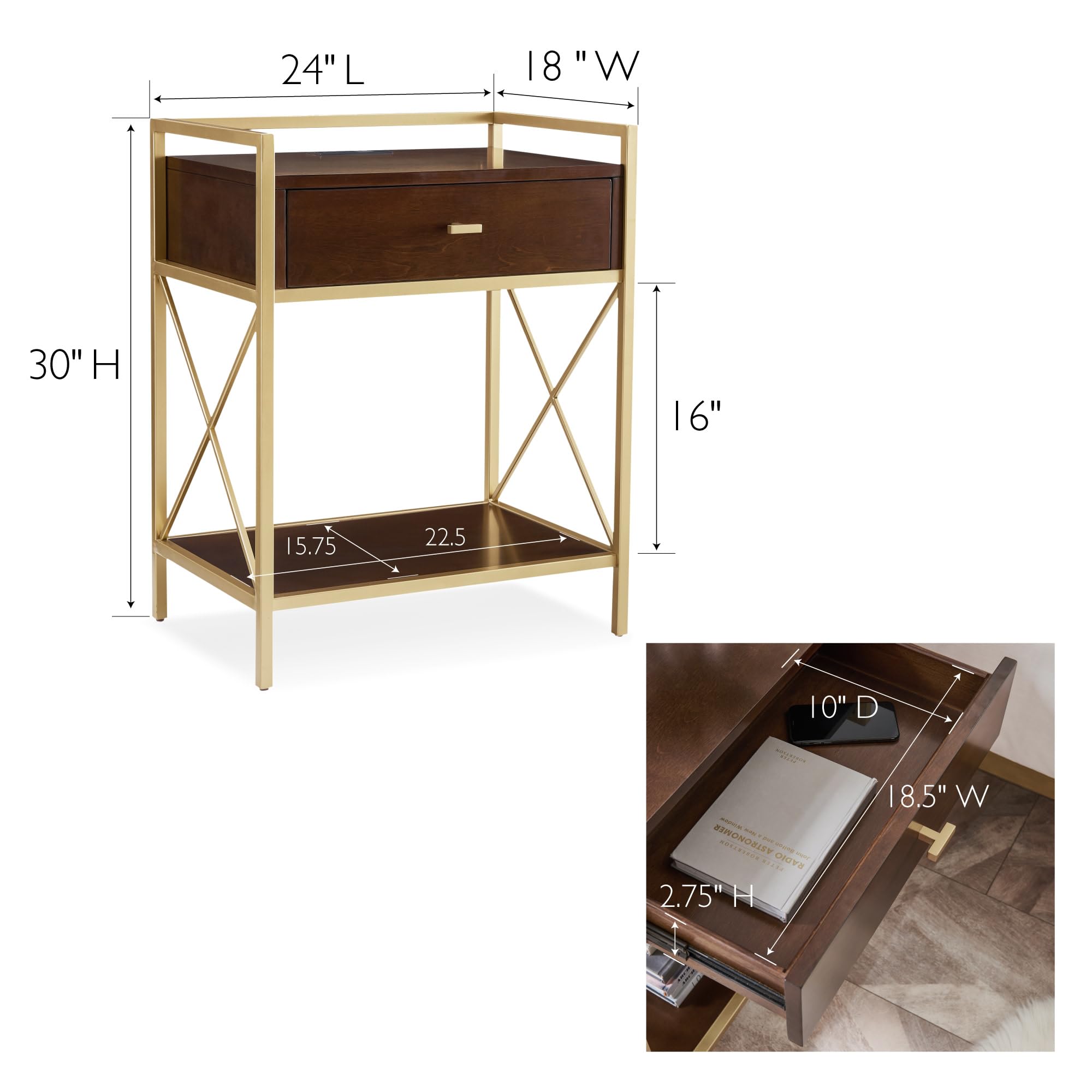 Claudette Modern Nightstand with USB-C Fast Charging - Solid Wood & Metal Bedside Table in Walnut Brown & Gold - Compact Side Table for Bedroom, Living Room, Office - Leick Home 9069-WA - Perfect for Charging Devices & Stylish Home Decor