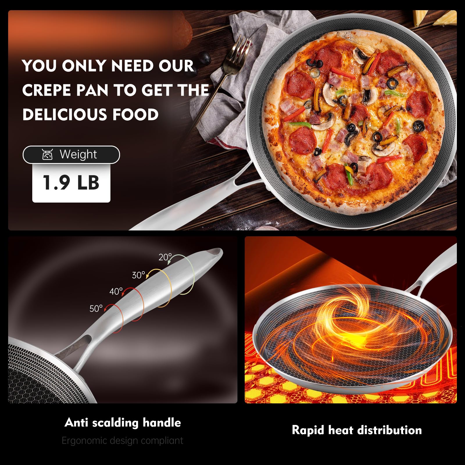 11 Inch Stainless Steel Nonstick Crepe Pan - Induction Compatible PFOA Free Flat Skillet for Pancakes, Pizza, Dosa, Tortillas - Perfect for Breakfast, Brunch & Family Cooking