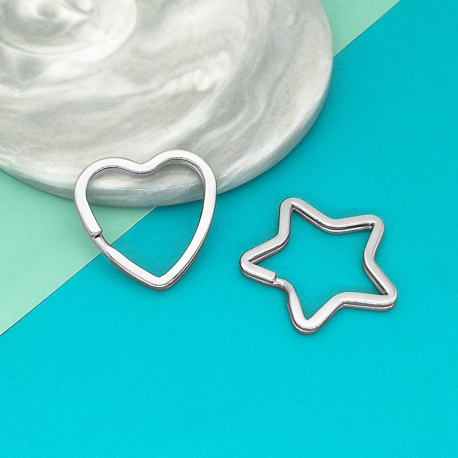 50pcs Star & Heart Shaped Metal Key Rings - DIY Keychain Bulk for Crafts, Home & Car Keys (Silver)