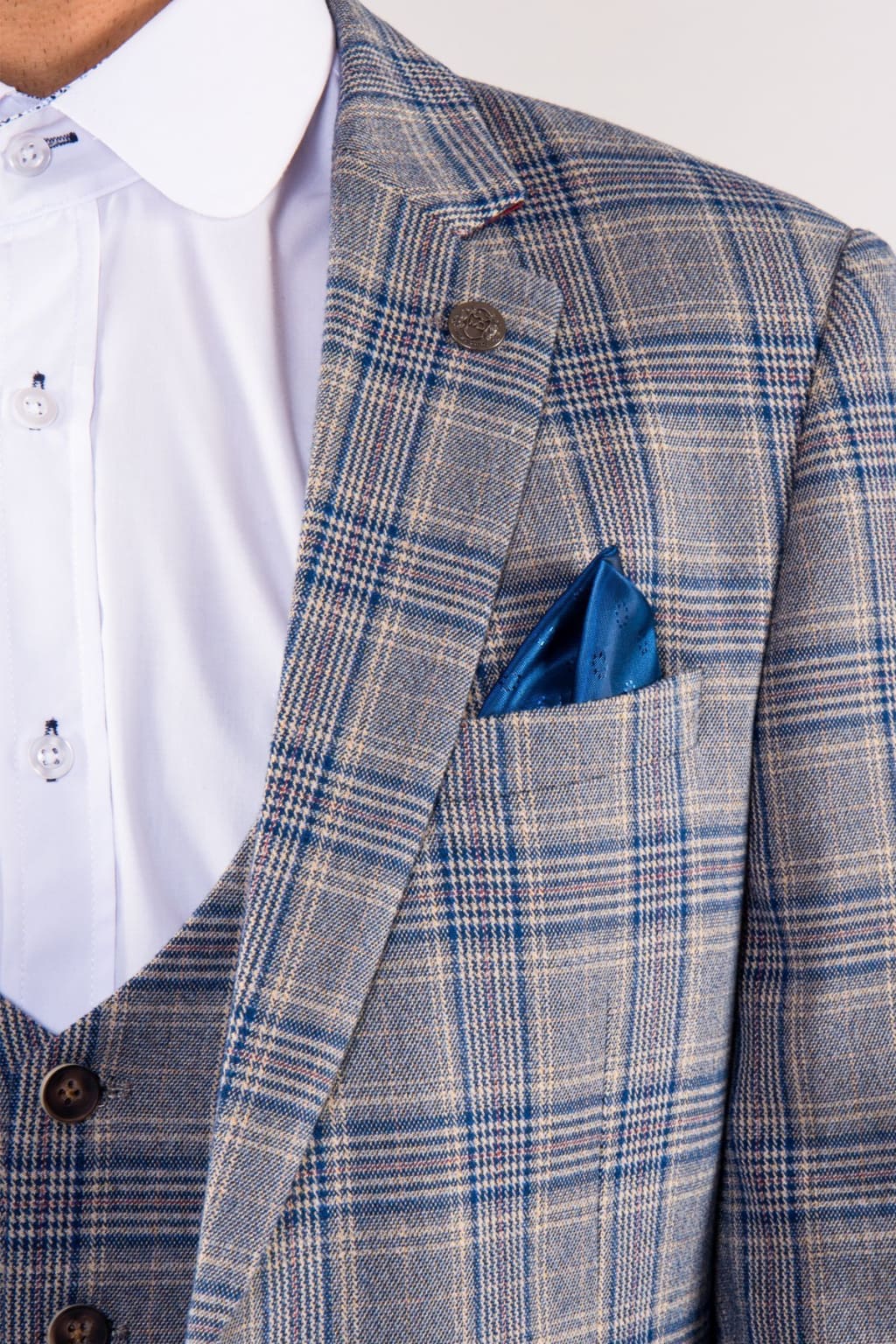 Marc Darcy Enzo Blue Stone Tweed Check Blazer for Men - Stylish Slim Fit Formal Jacket - Perfect for Business Meetings, Weddings & Office Wear