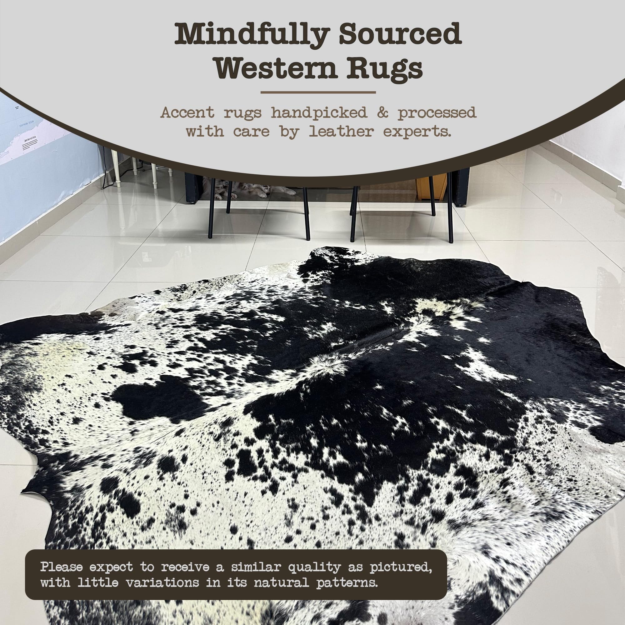 Genuine Cowhide Rug - Natural Leather Hide Rugs for Living Room & Bedroom - Real Cowhide Rug for Rustic Home Decor - Black Speckled Cowhide Rugs Collection - Perfect for Farmhouse Style, Western Decor & Cozy Cabin Interiors