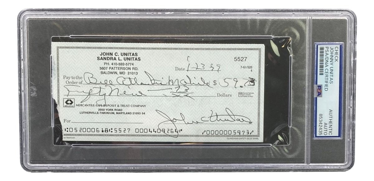 Johnny Unitas Baltimore Colts Autographed Signed Bank Check #5527 PSA/DNA Certified - Rare NFL Memorabilia for Collectors & Sports Fans Display