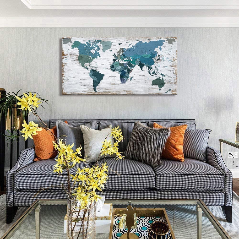 Blue Teal World Map Canvas Wall Art - 24