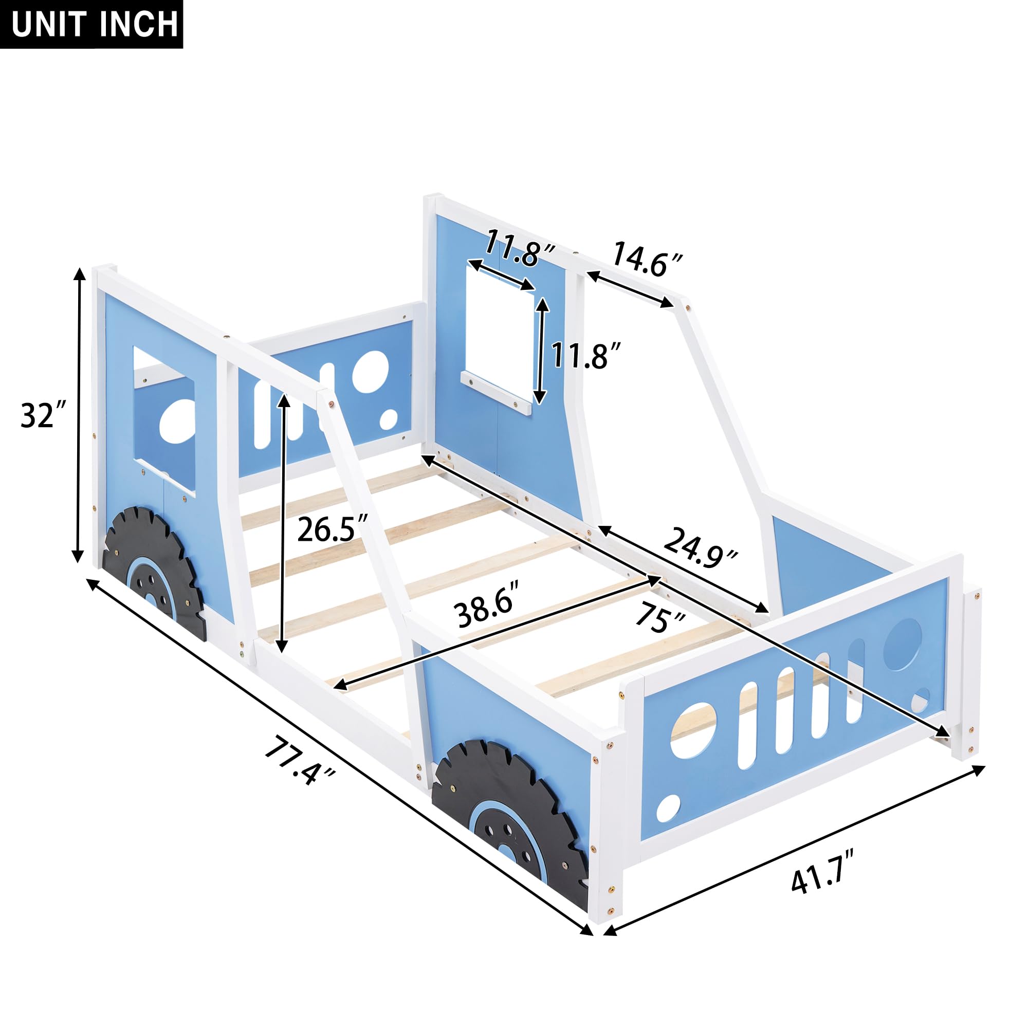 Wooden Twin Size Car-Shaped Floor Bed with Wheels, Doors & Windows - Sturdy Slat Support Platform Bed for Kids Boys & Girls (Blue) - Perfect for Playrooms, Bedrooms & Themed Kids' Spaces