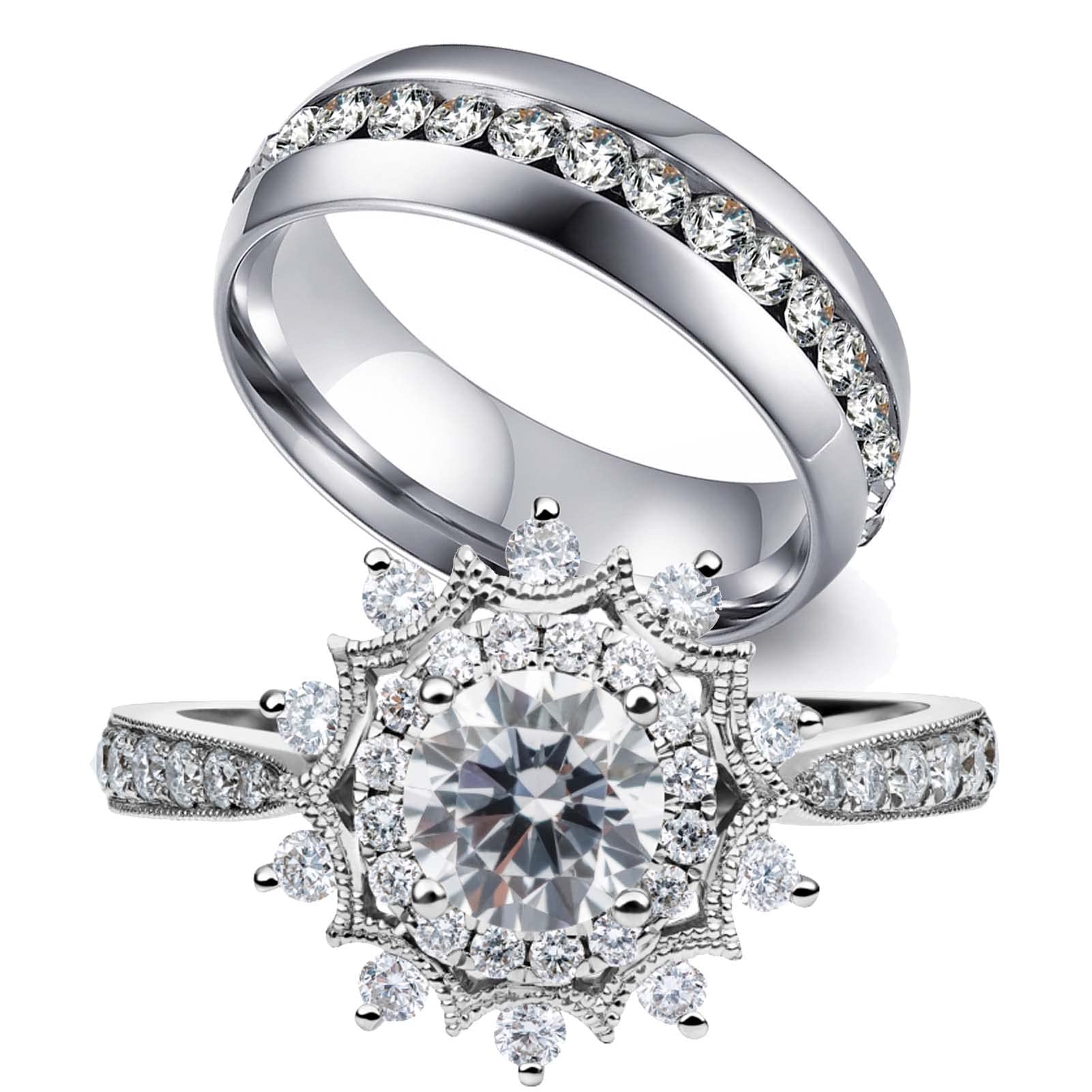 Matching Couple Rings - 925 Sterling Silver White Gold Plated Wedding Bands for Women & Men, Titanium Engagement Rings - Perfect for Anniversaries, Proposals & Romantic Gifts