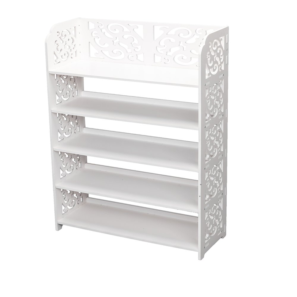 5-Tier White Wood-Plastic Shoe Rack with Carved Design - Space Saving Entryway Organizer for Shoes, Boots & Accessories - Perfect for Hallway, Closet & Apartment Storage
