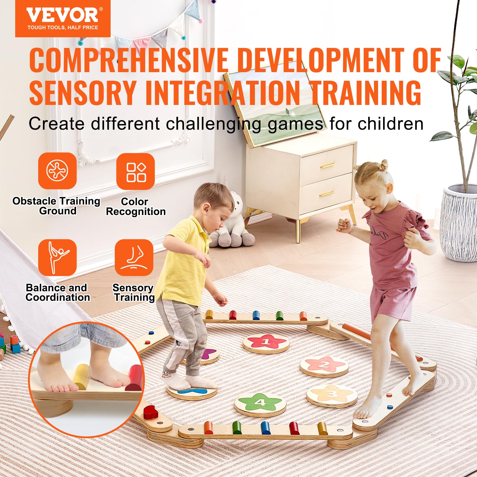 VEVOR Wooden Balance Beam Stepping Stones - 6 PCS Montessori Toys for Toddlers Age 2-6 | Improve Coordination & Gross Motor Skills | Indoor/Outdoor Gymnastics Obstacle Course for Boys & Girls | Perfect for Playrooms, Backyards & Preschool Activities