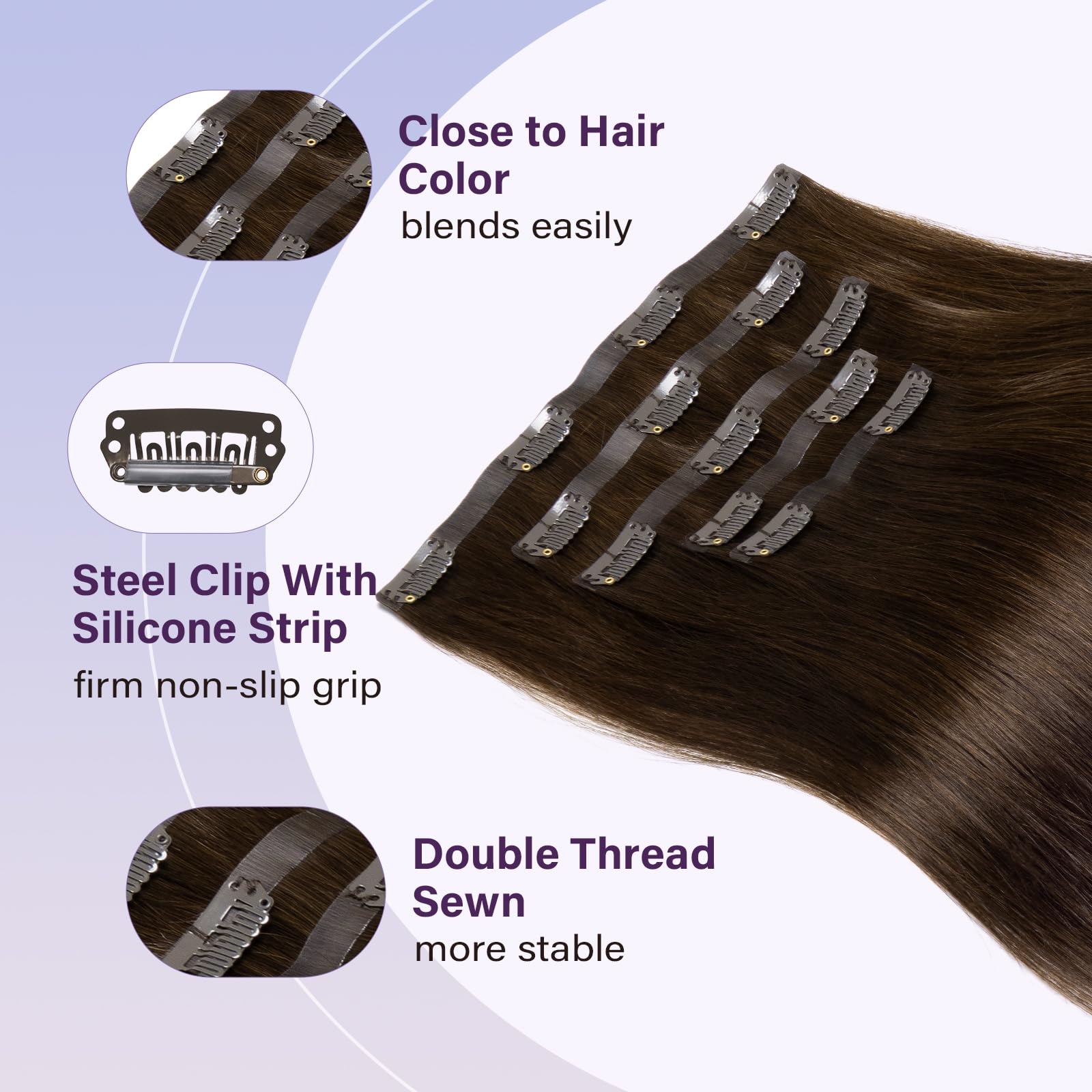 HEHUA 100% Human Hair Clip-In Extensions - 24 Inch 5-Piece Set (100g) Dark Brown Remy Hair Seamless & Invisible for Women | Perfect for Daily Wear, Parties & Special Occasions