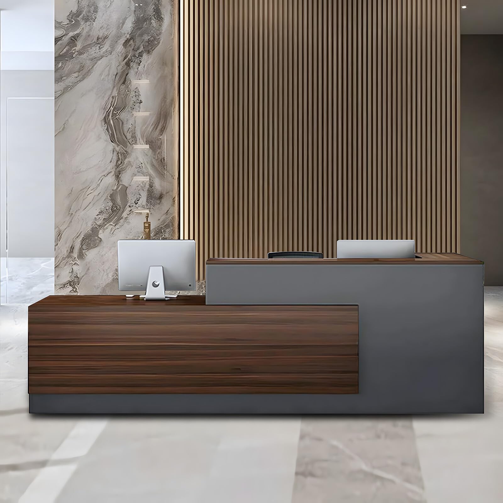 Modern L-Shaped Reception Desk with Hutch - Office Reception Counter Table with Lockable Drawer & Cabinet - Solid Wood Computer Desk (Oak/Warm White, Left Cabinet, 110