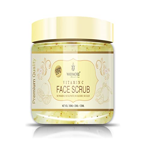 WAYMORE Vitamin C Face Scrub 120ml with Hyaluronic Acid, Vitamin E & Aloe Vera - Brightening & Exfoliating Facial Cleanser for Glowing Skin | Daily Skincare Routine for Women & Men