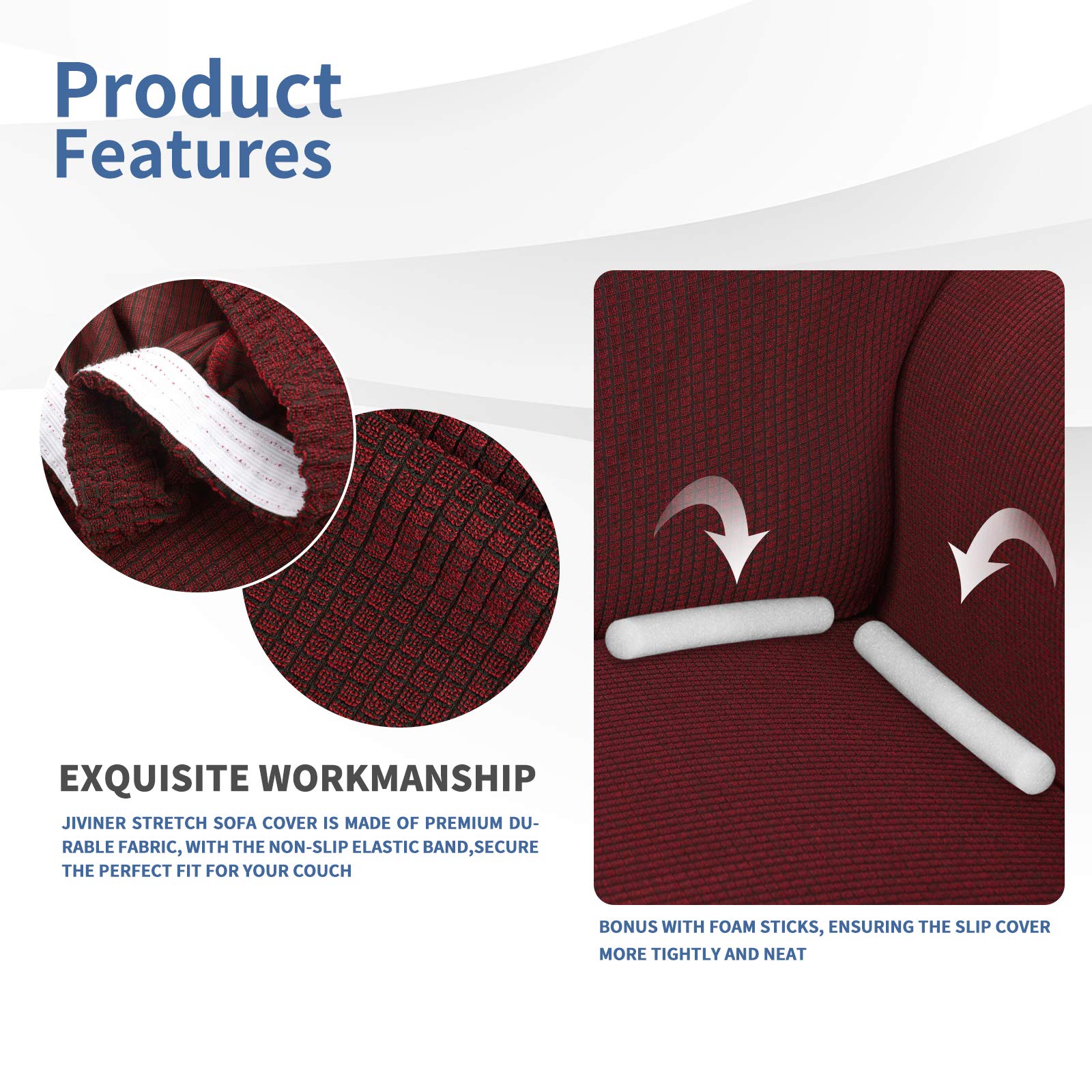 JIVINER Stretch Jacquard Sofa Cover - 2 Cushion Anti-Slip Loveseat Slipcover with Small Check Pattern, Wine Red - Perfect for Homes with Kids & Pets, Living Room Furniture Protection