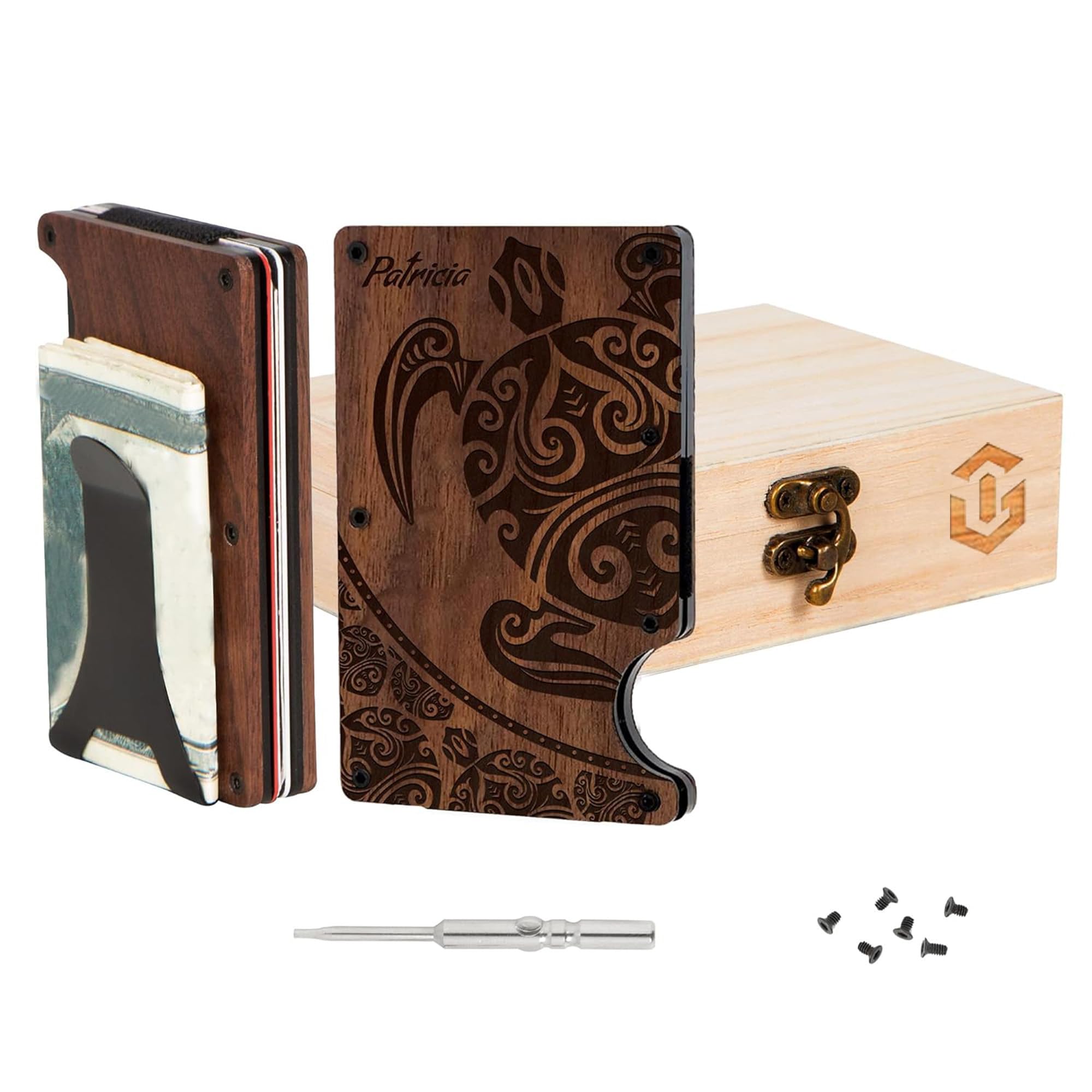 Personalized Wooden Slim Wallet for Men with RFID Blocking - Custom Engraved Money Clip & Wooden Gift Box - Ideal for Boyfriend, Husband, Father - Hawaiian Turtle Design (4-Walnut) | Perfect for Travel, Business & Everyday Use