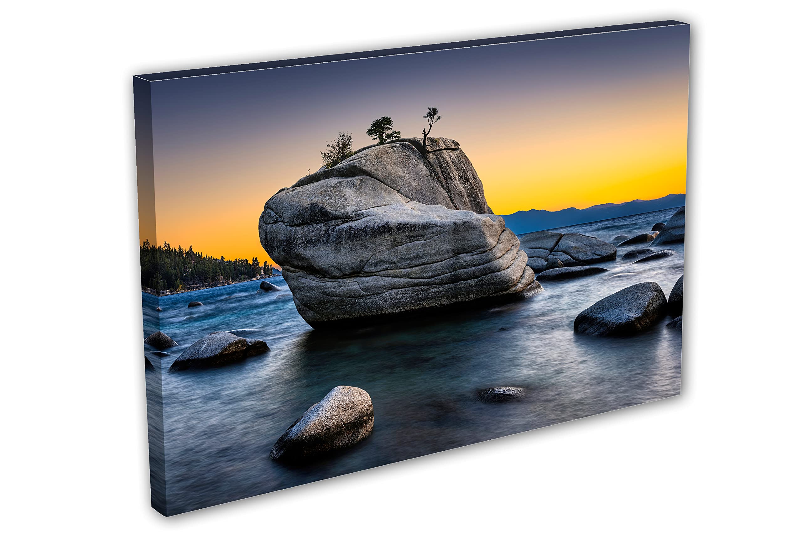 30x20 Bonsai Rock Lake Tahoe Canvas Print - Purple Yellow Sky Landscape Wall Art for Home, Office & Living Room Decor